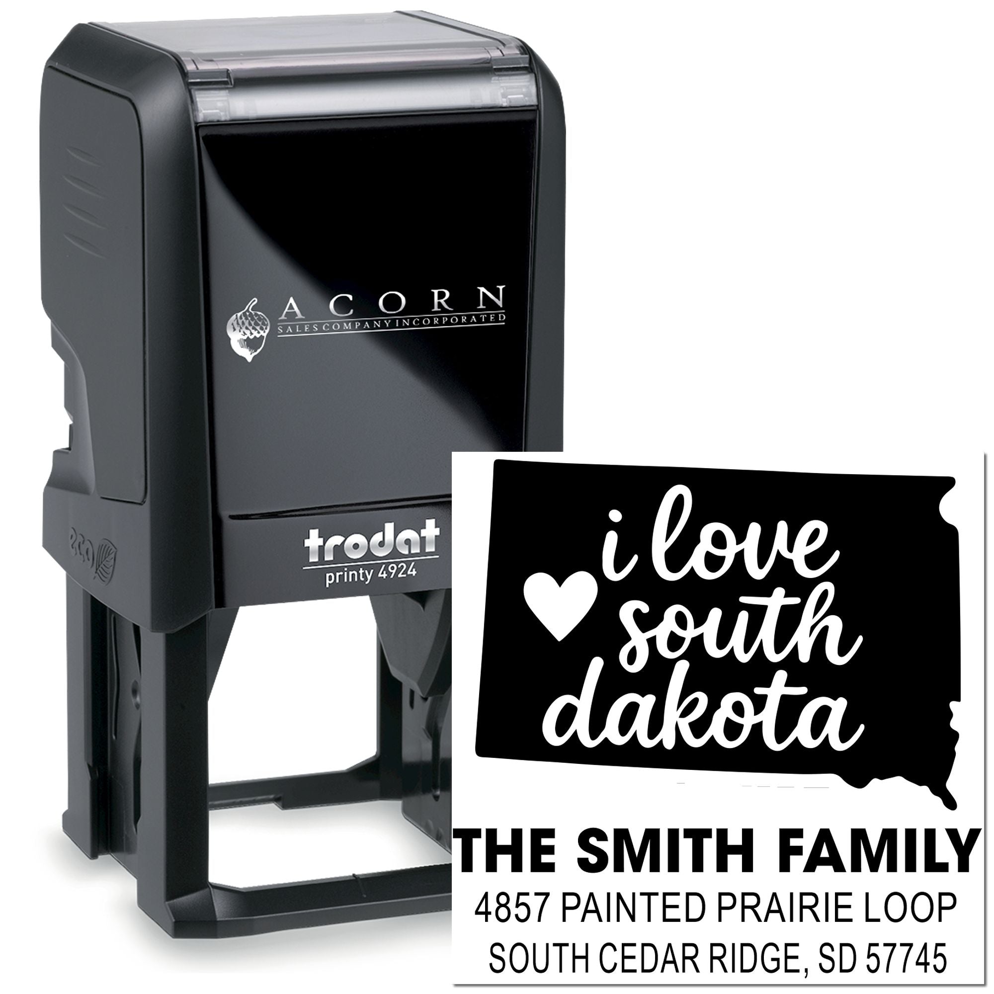 Custom self-inking rubber stamp with South Dakota design, I Love South Dakota imprint, and personalized address.