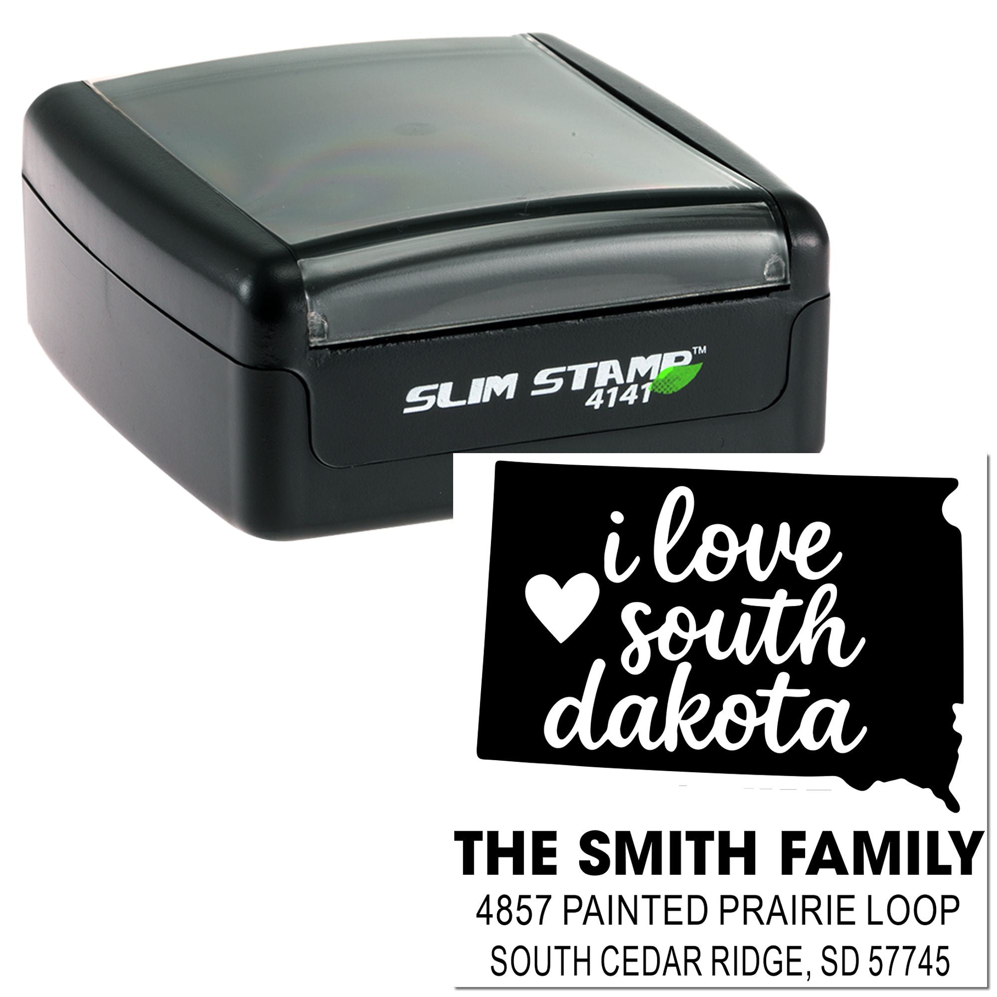 Self-inking custom South Dakota return address rubber stamp with I love South Dakota design for The Smith Family