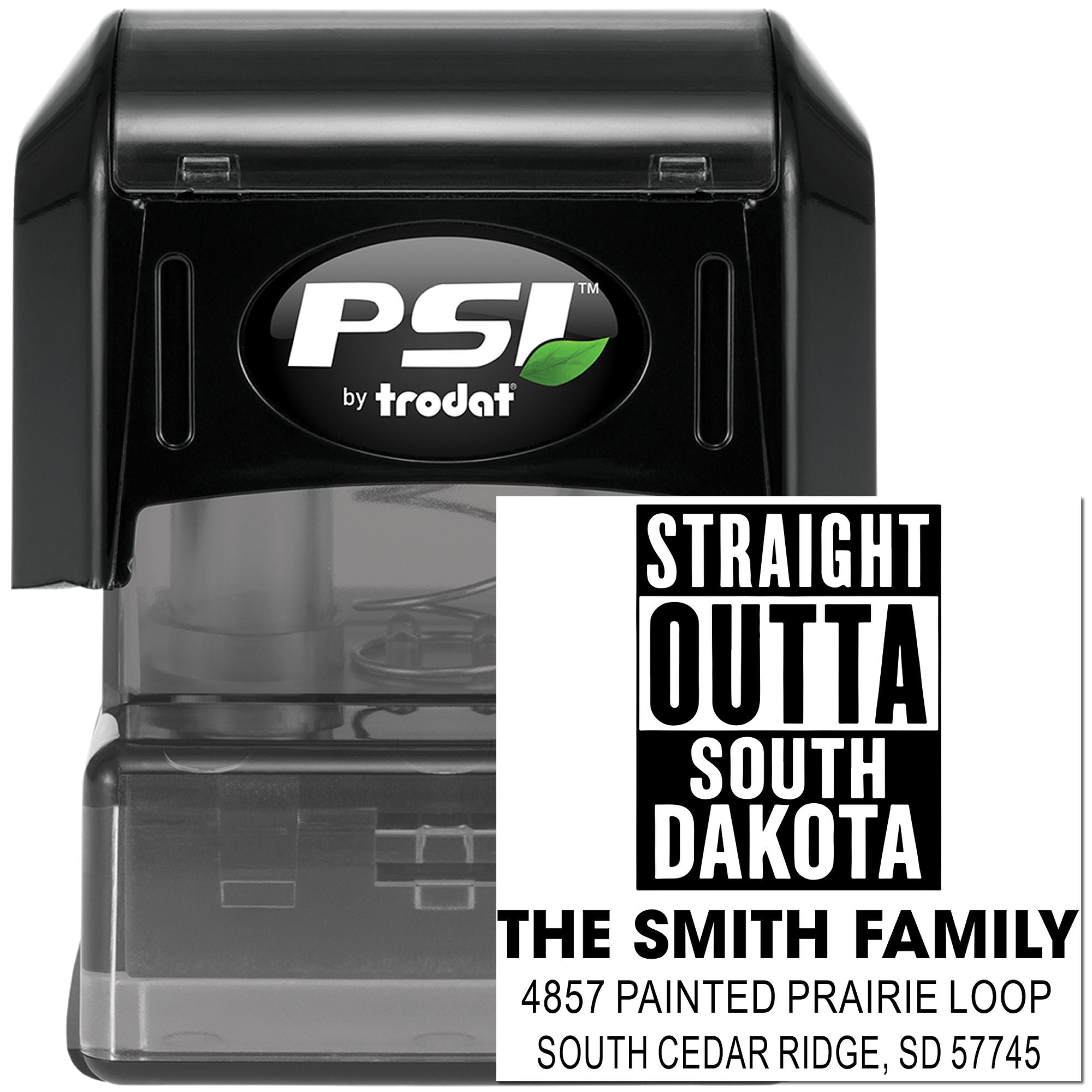 PSI by Trodat self-inking rubber stamp with custom return address for The Smith Family mailings.
