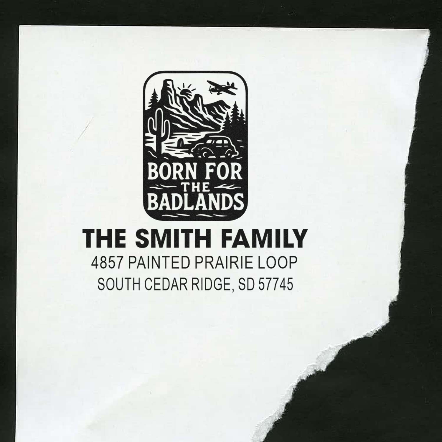 Custom rubber address stamp for The Smith Family featuring a Born for the Badlands western design and South Cedar Ridge, SD address.
