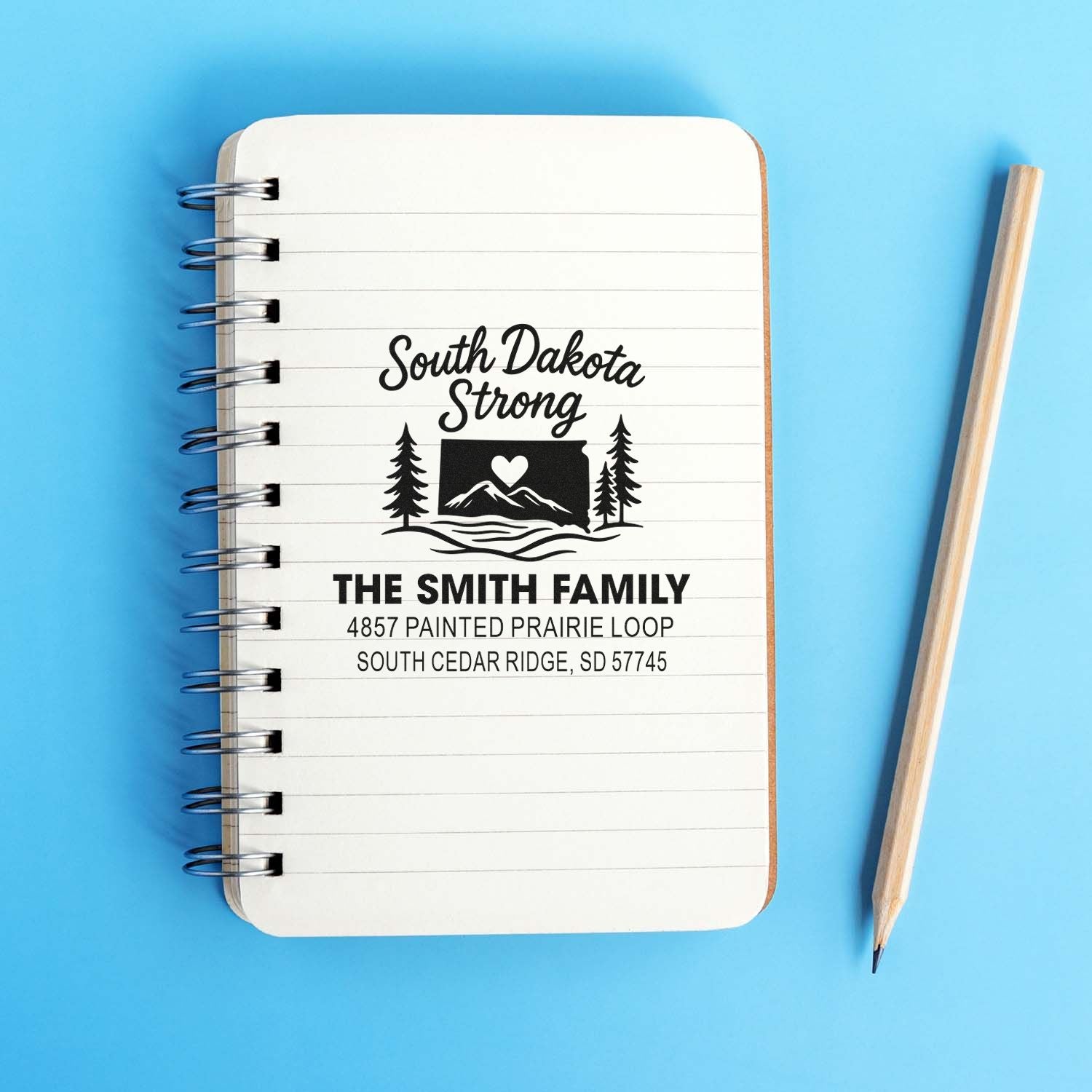 Personalized South Dakota Strong custom family address rubber stamp with name and mailing address for envelopes and stationery.
