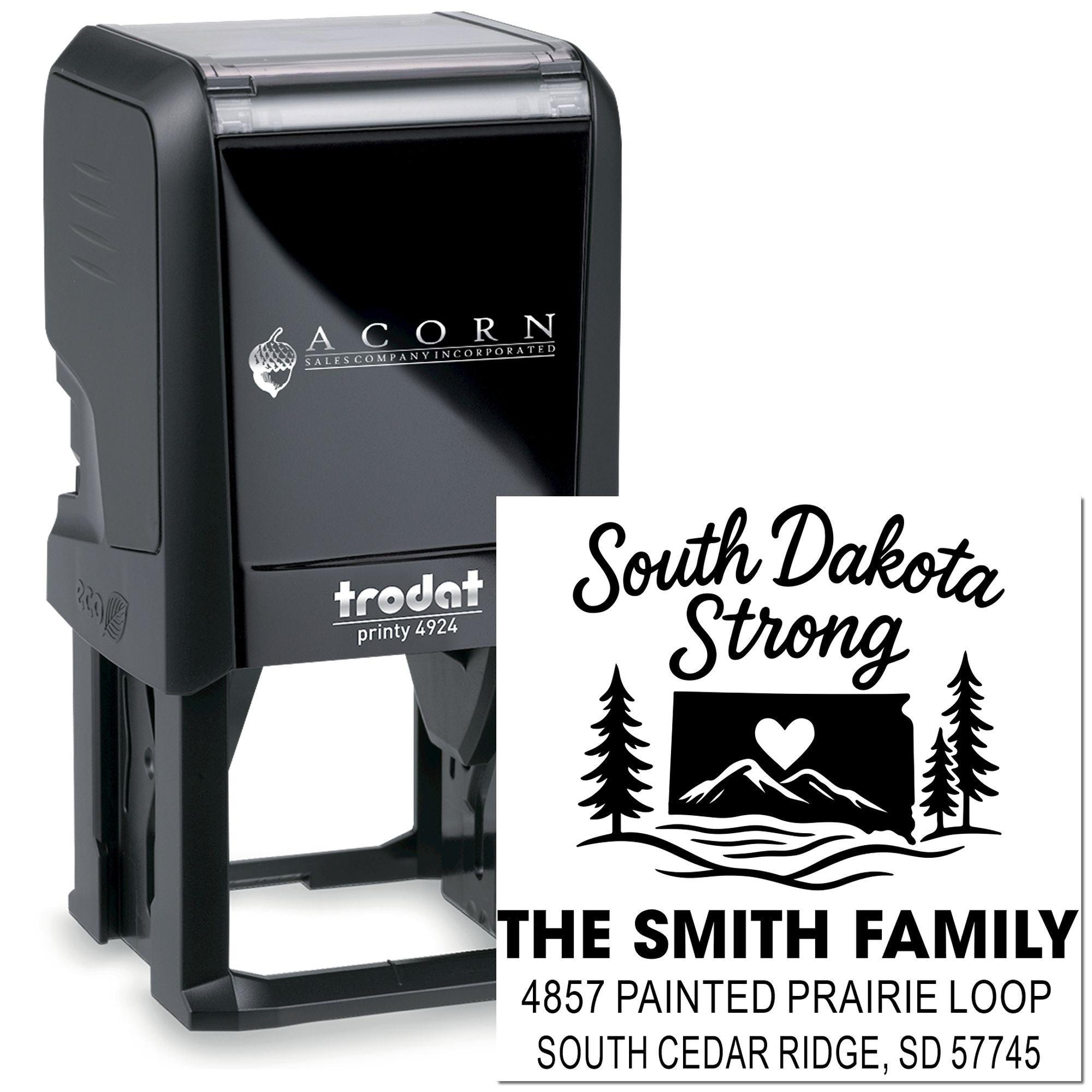 Custom self-inking rubber address stamp with South Dakota Strong design and The Smith Family return address for mail and packaging.