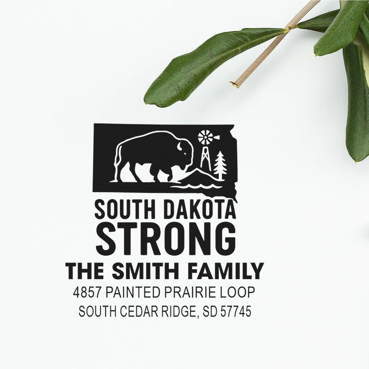 South Dakota Strong personalized address rubber stamp with bison design, family name, and custom mailing address
