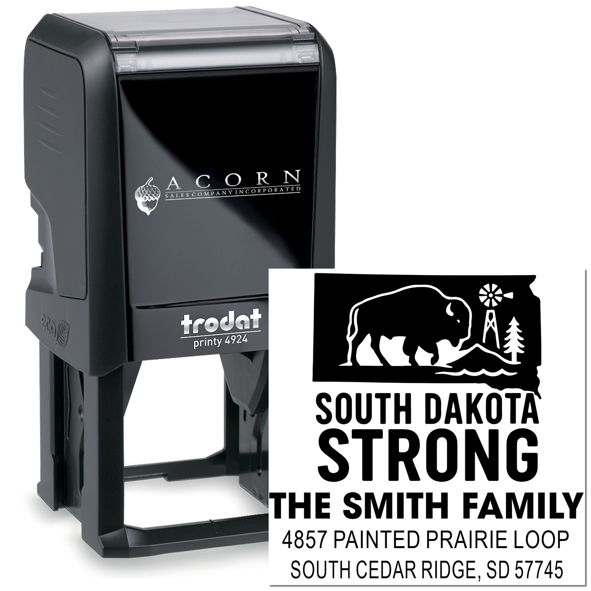 Personalized self-inking rubber stamp with South Dakota Strong family address design, Trodat Printy 4924 custom stamp
