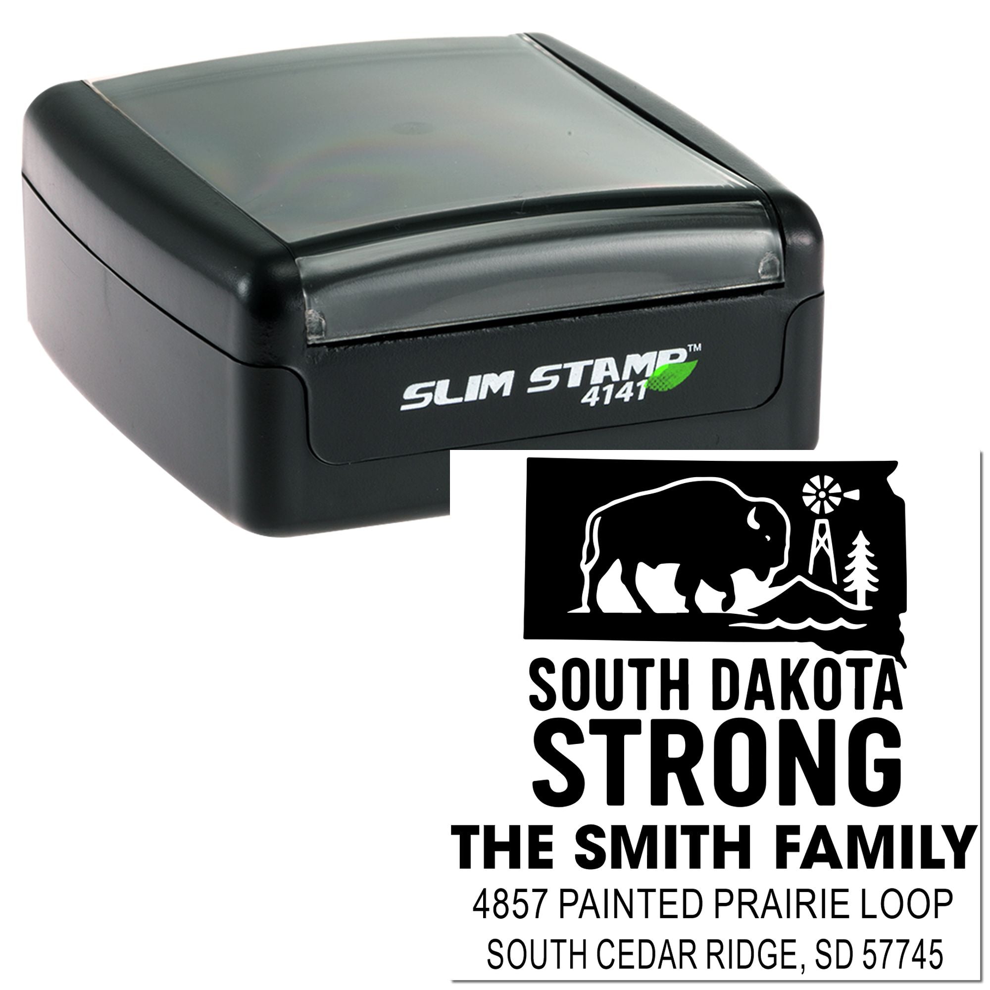Custom self-inking rubber stamp featuring South Dakota Strong bison design, The Smith Family return address, Slim Stamp 4141.
