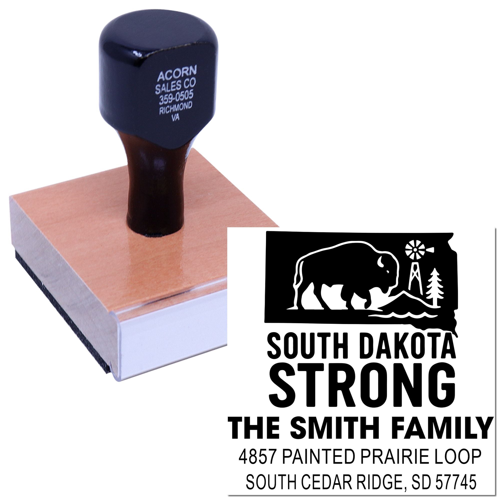 Custom rubber stamp for South Dakota Strong family return address with buffalo design and mailing details.