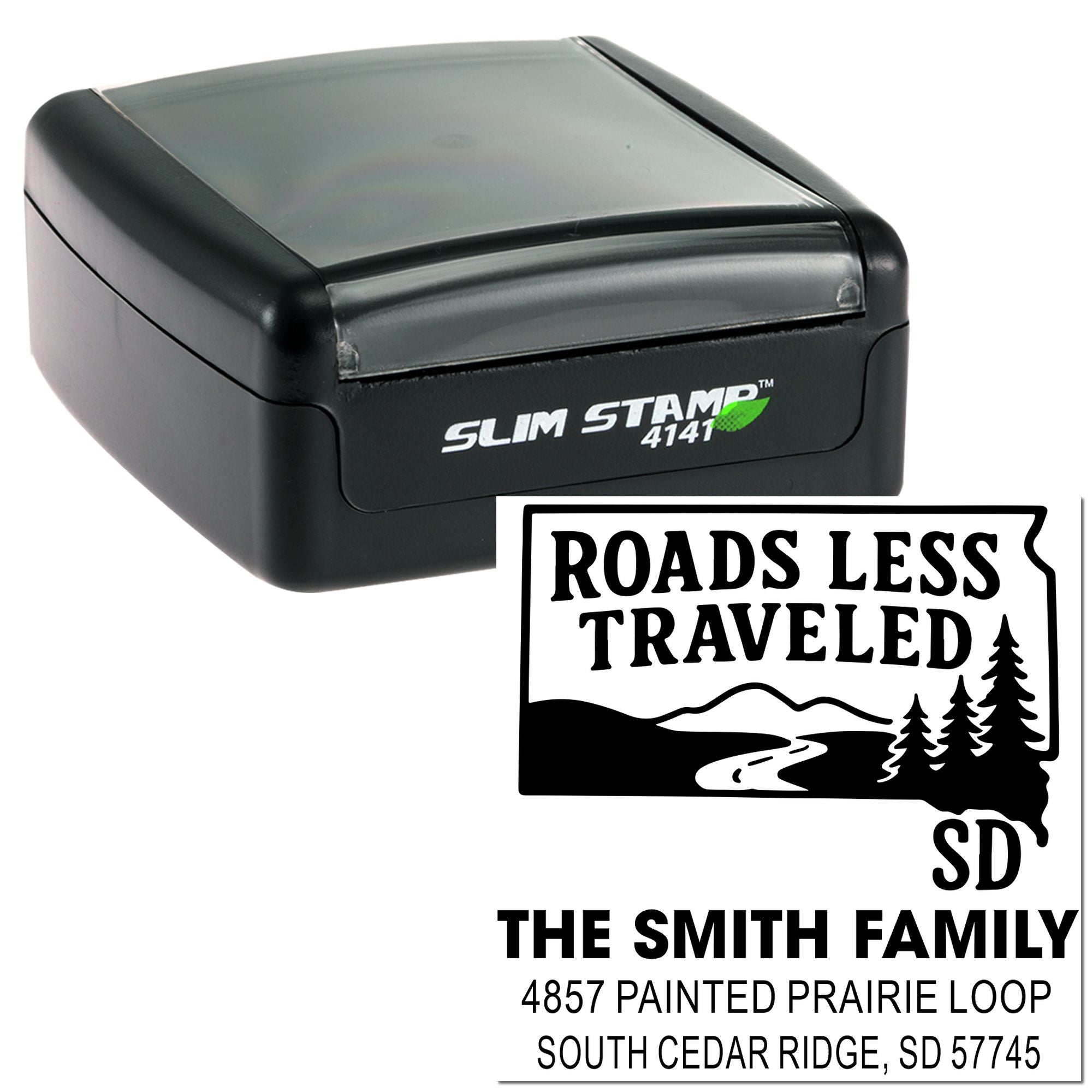 Slim self-inking rubber stamp with custom Roads Less Traveled family address design for The Smith Family, South Dakota.