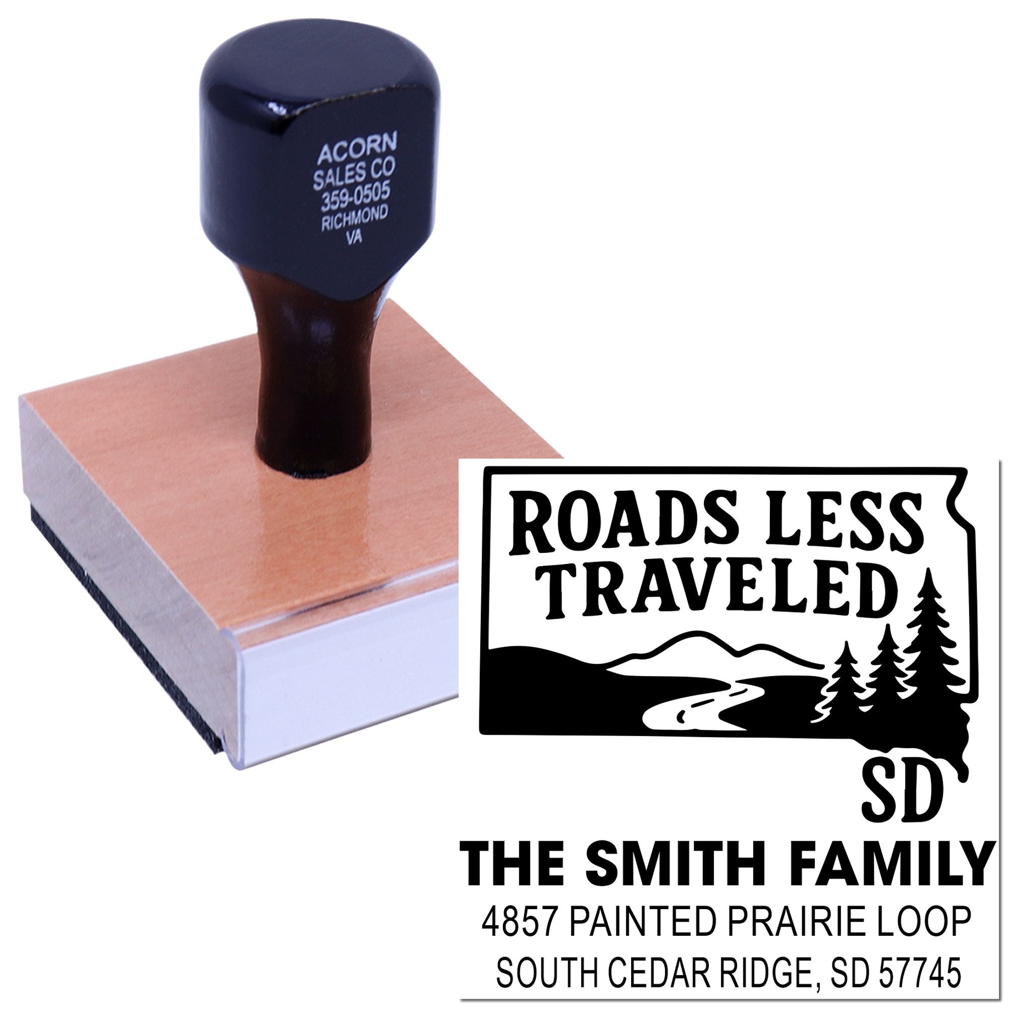 Custom rubber address stamp with Roads Less Traveled family return address design for envelopes and personal mailing.