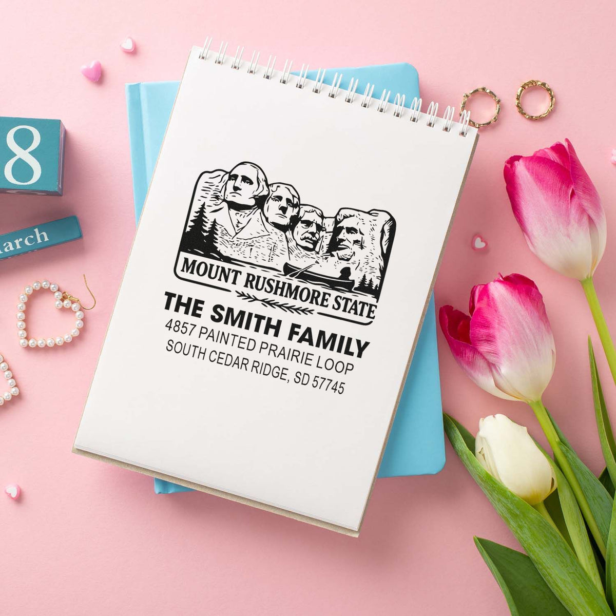 Personalized Mount Rushmore return address rubber stamp imprint with The Smith Family name and South Dakota mailing address.