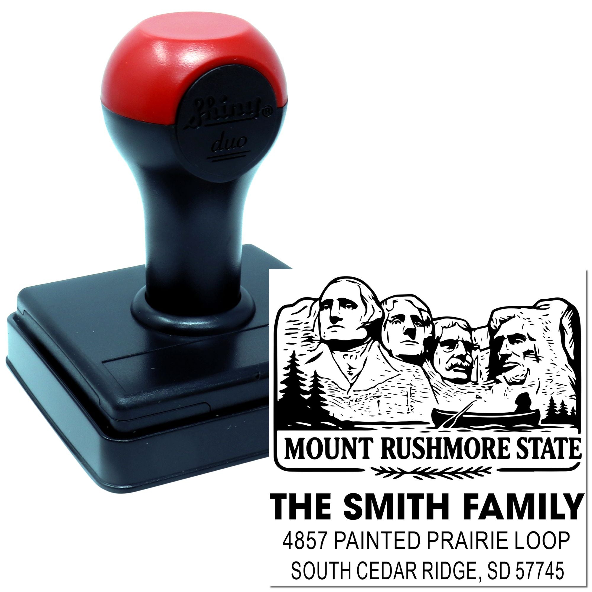 Personalized self-inking rubber stamp with Mount Rushmore State design, The Smith Family name, and return address.