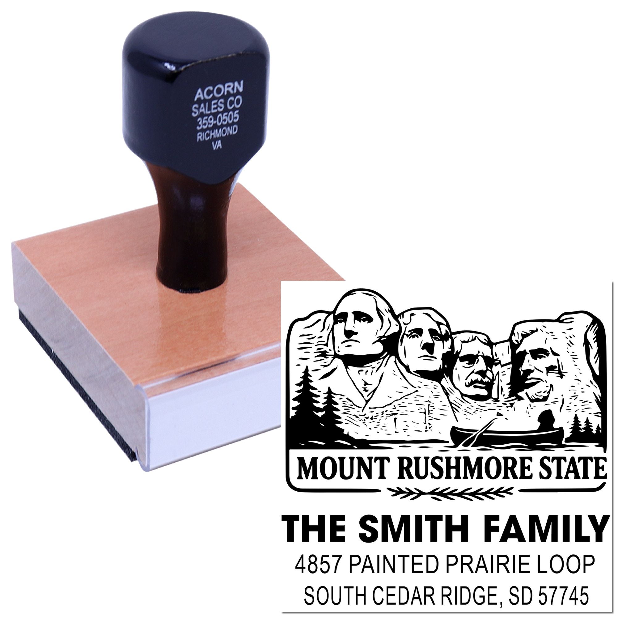 Custom rubber address stamp with Mount Rushmore State family name and return address design