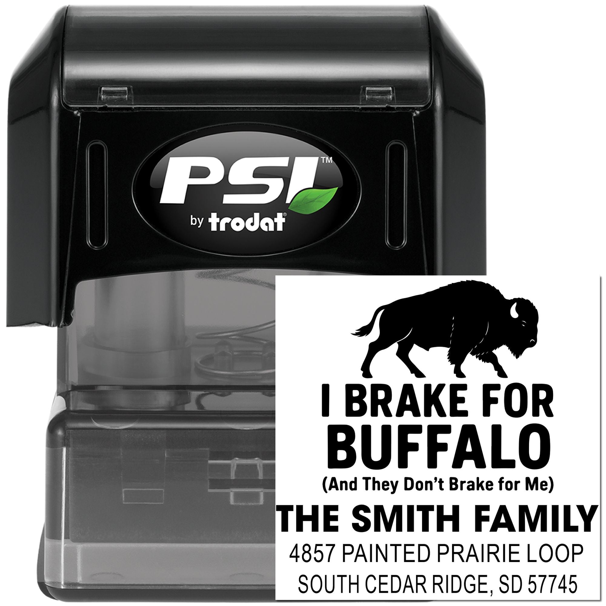 PSI by Trodat self-inking rubber stamp with buffalo design, family name, and address for custom mail.