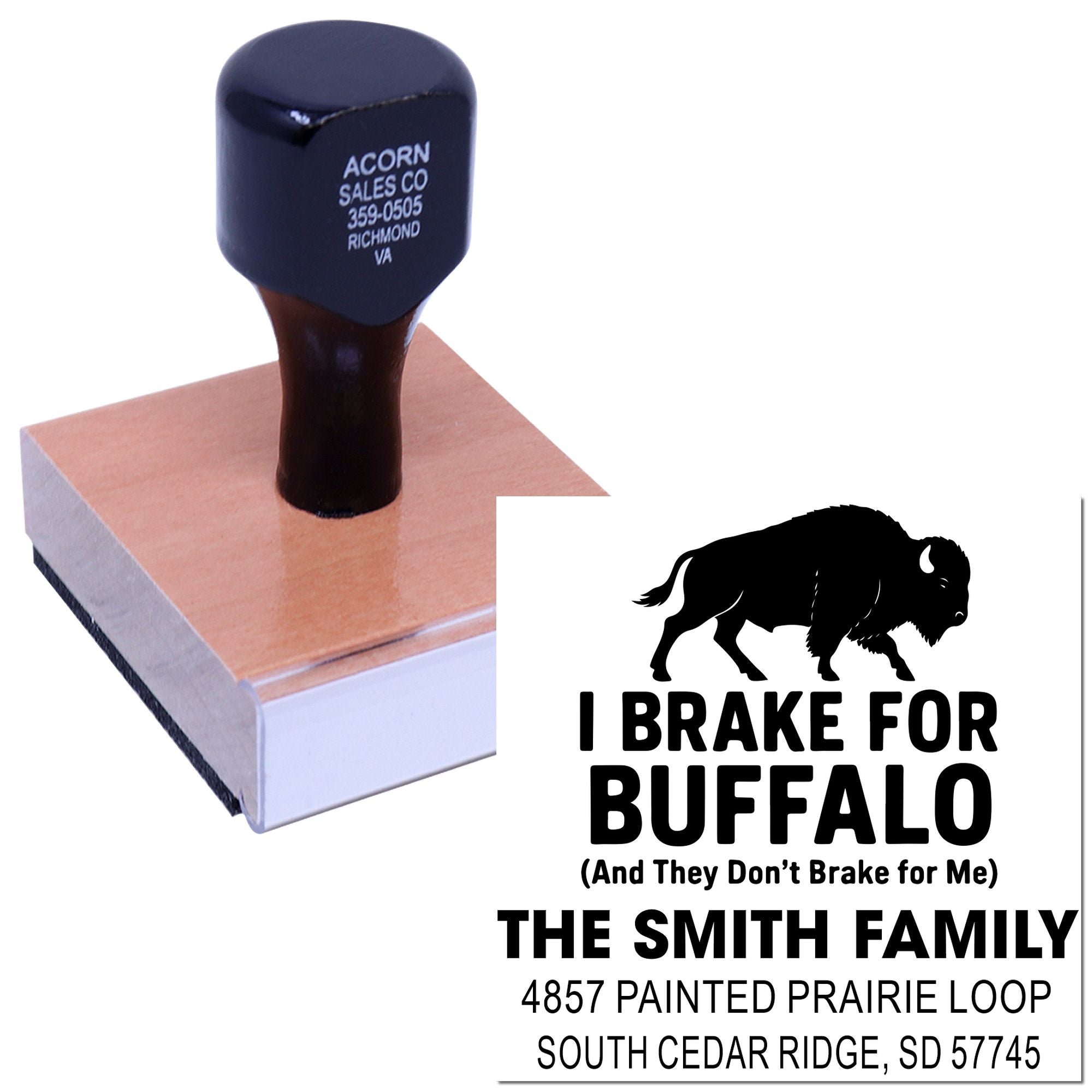 Custom address rubber stamp with buffalo logo and I Brake for Buffalo family return address.