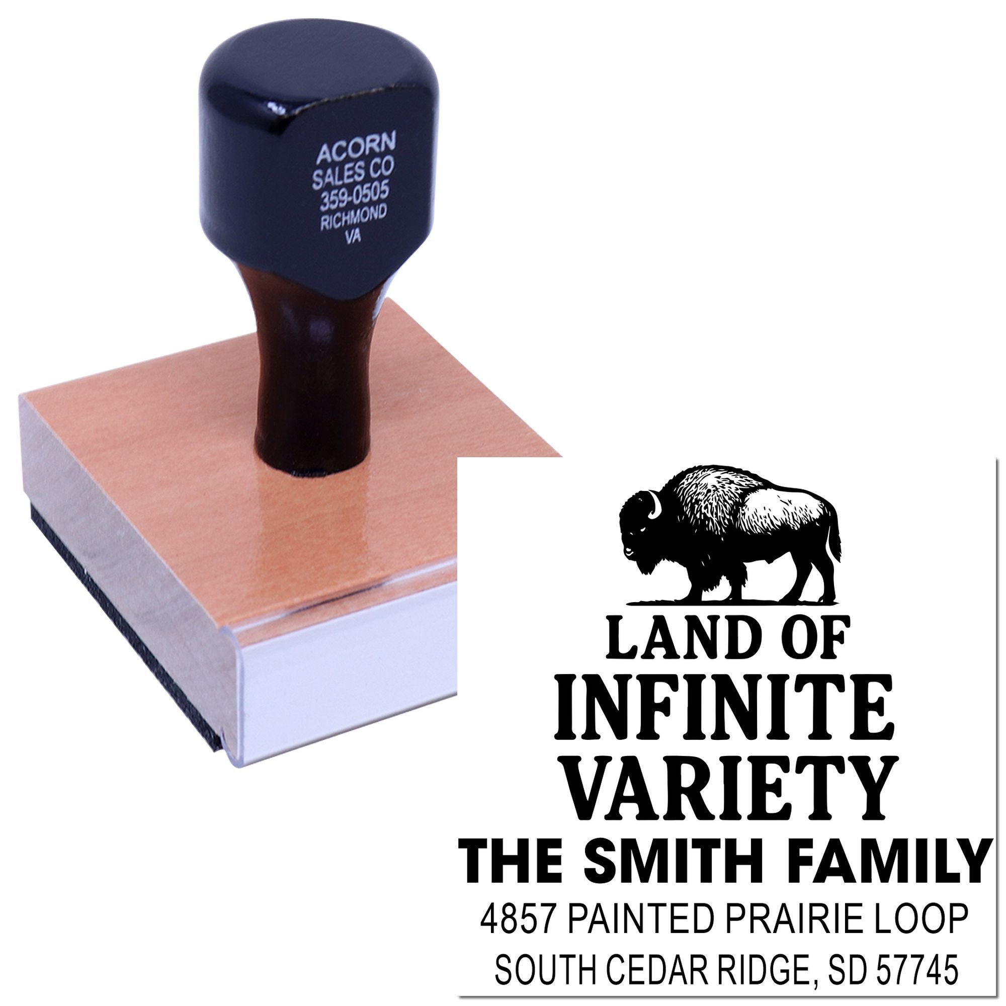Custom rubber address stamp with bison logo for The Smith Family, featuring return address and Land of Infinite Variety.