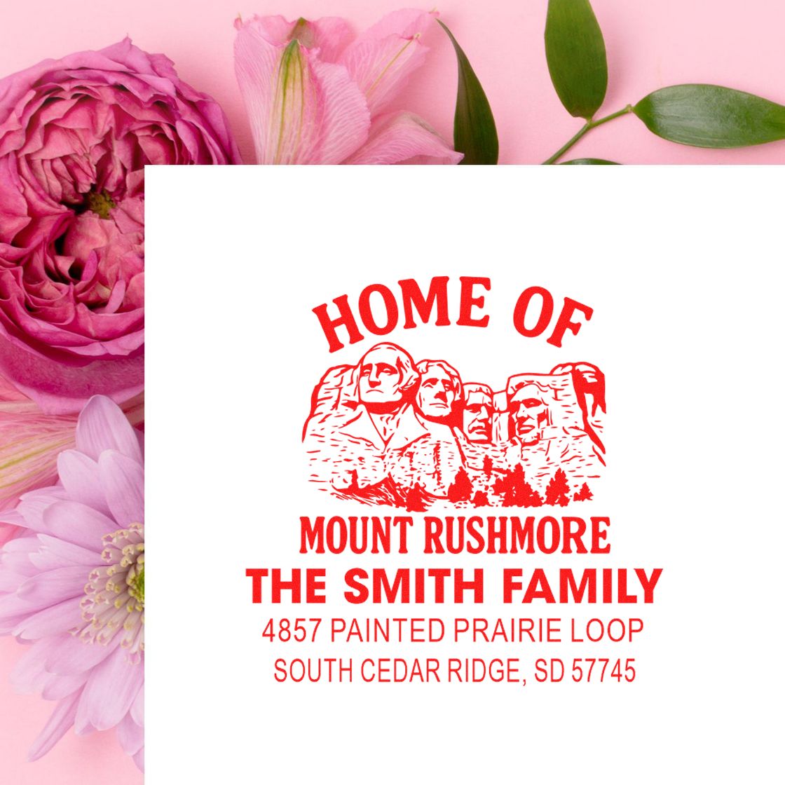 Personalized Mount Rushmore return address rubber stamp for The Smith Family, South Dakota.