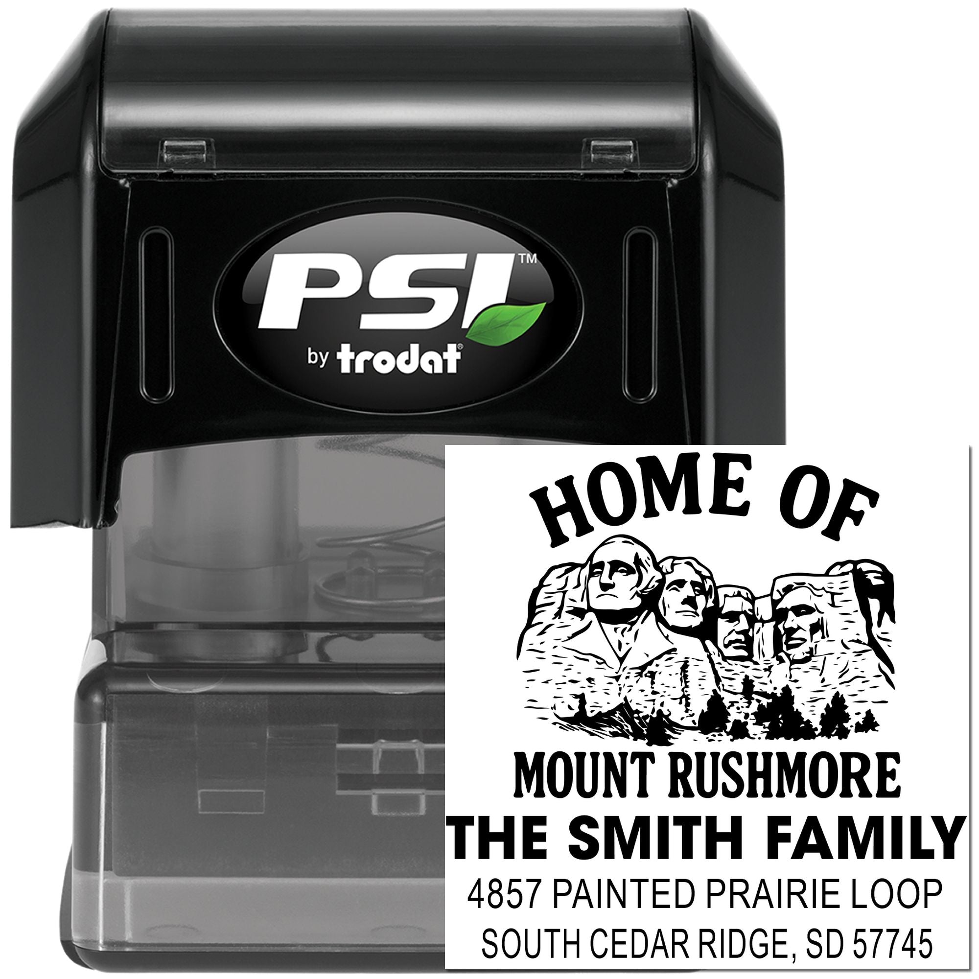 PSI by Trodat self-inking custom address rubber stamp with Mount Rushmore family return address design