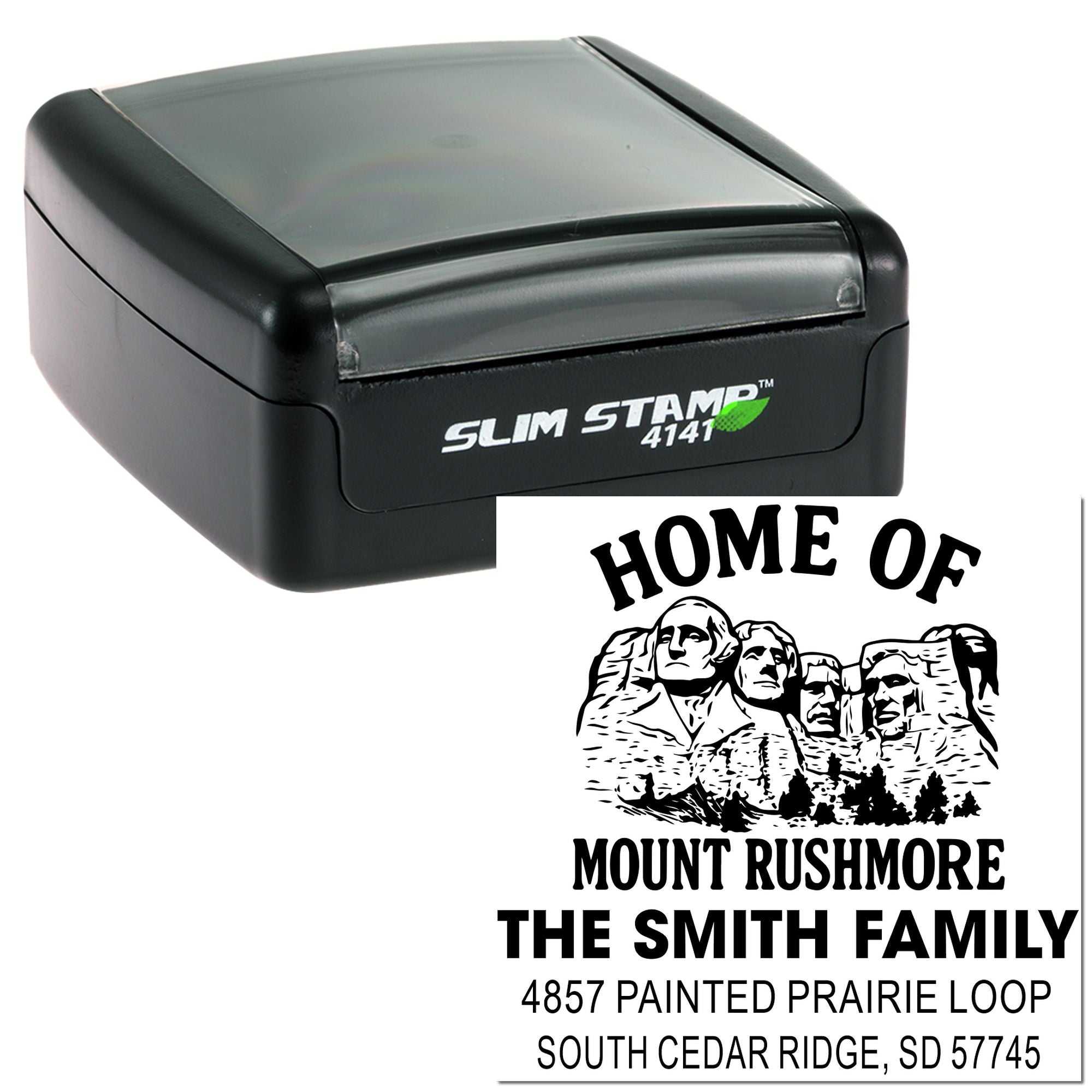 Custom self-inking rubber stamp with Mount Rushmore family address design for personalized return addresses.