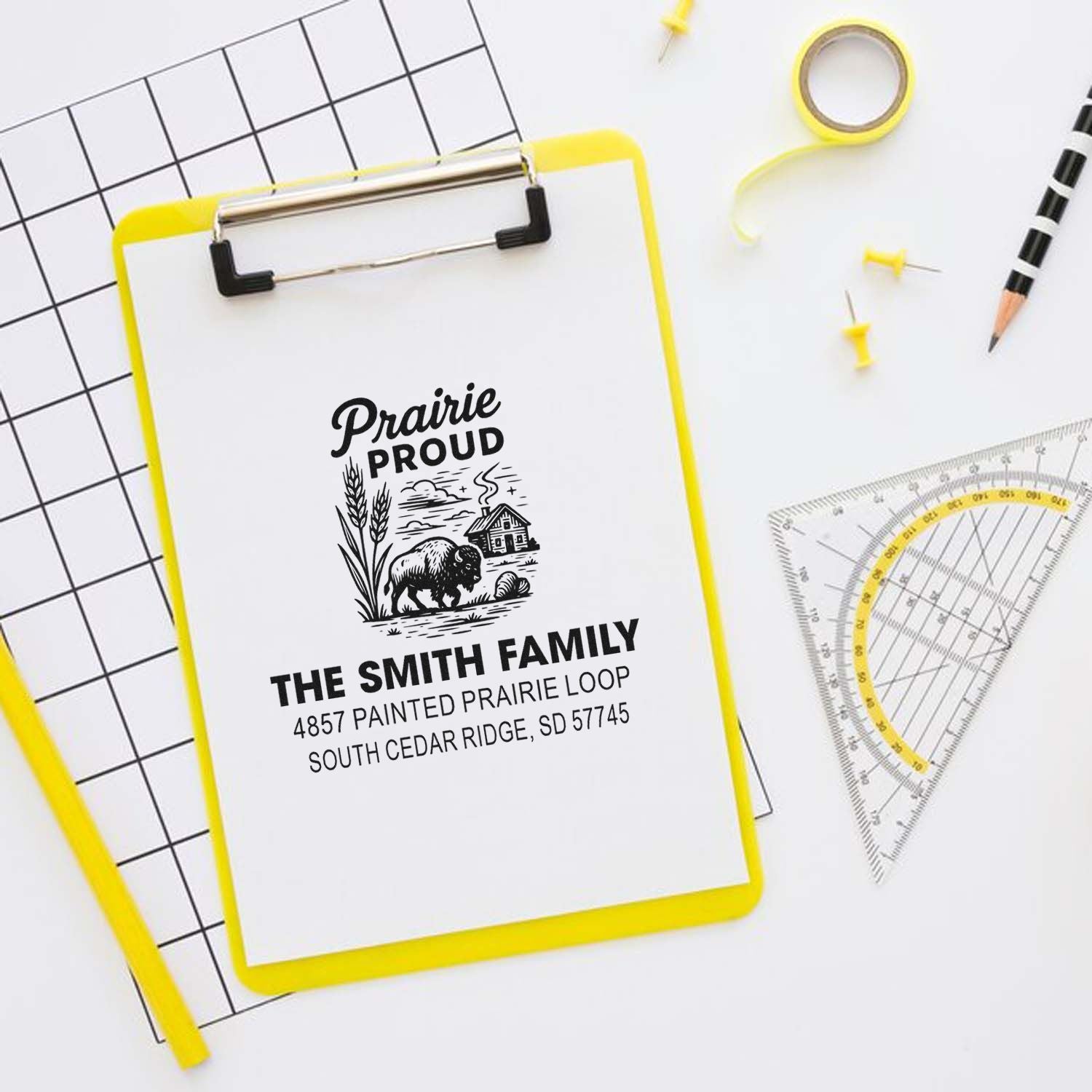 Personalized family rubber stamp proof with Prairie Proud logo and address for The Smith Family custom mailing stamp.