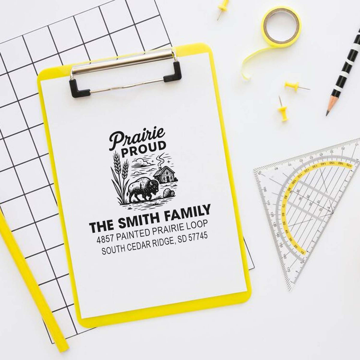Custom prairie-themed family address stamp for The Smith Family, personalized return address rubber stamp.