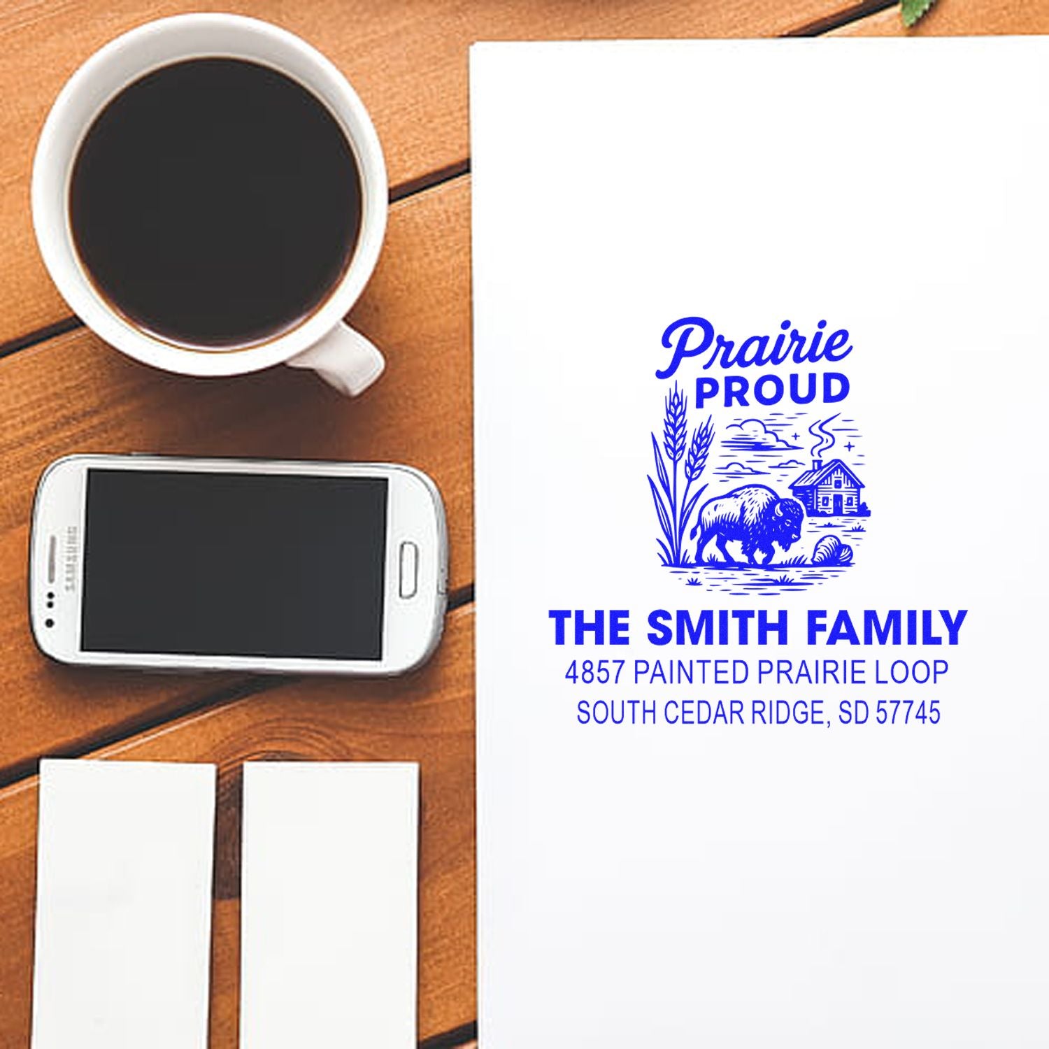Custom rubber stamp with Prairie Proud design, The Smith Family name, and return address for personalized stationery.