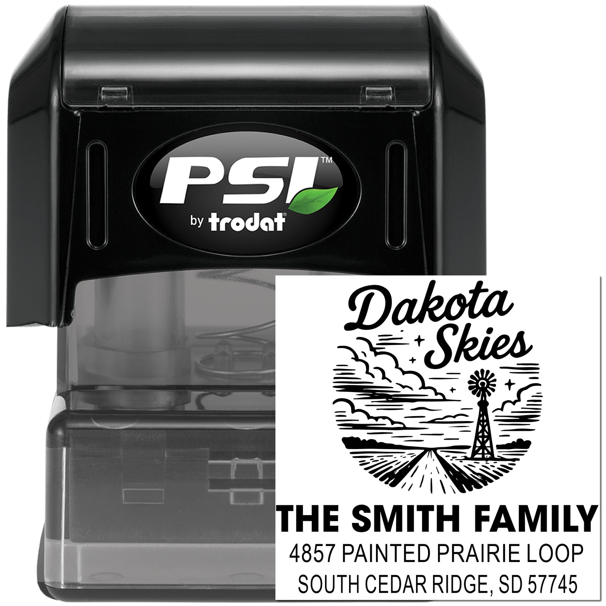 Custom self-inking address rubber stamp by PSI Trodat with Dakota Skies design and The Smith Family return address.