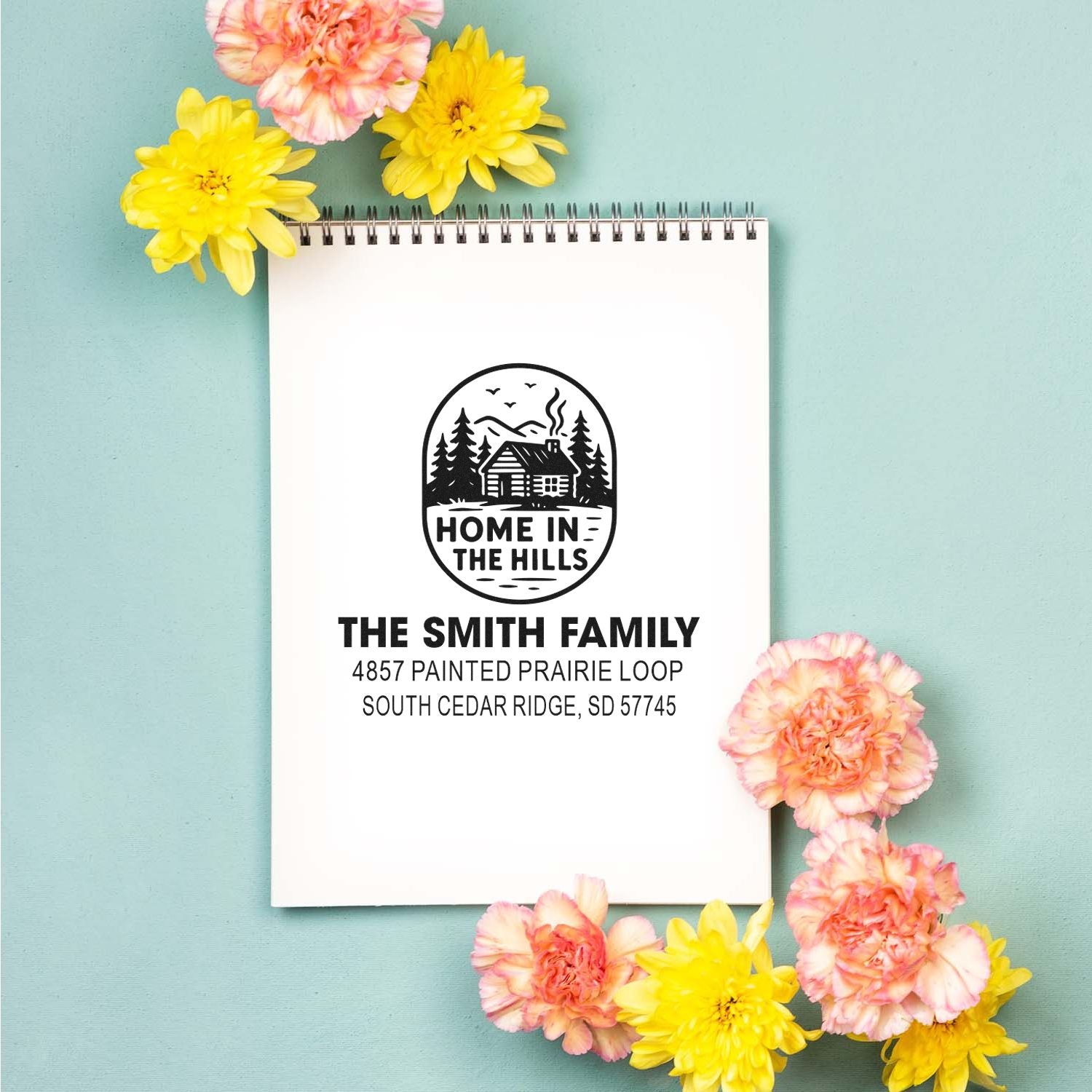 Personalized family address rubber stamp with cabin logo and Home in the Hills design for The Smith Family.