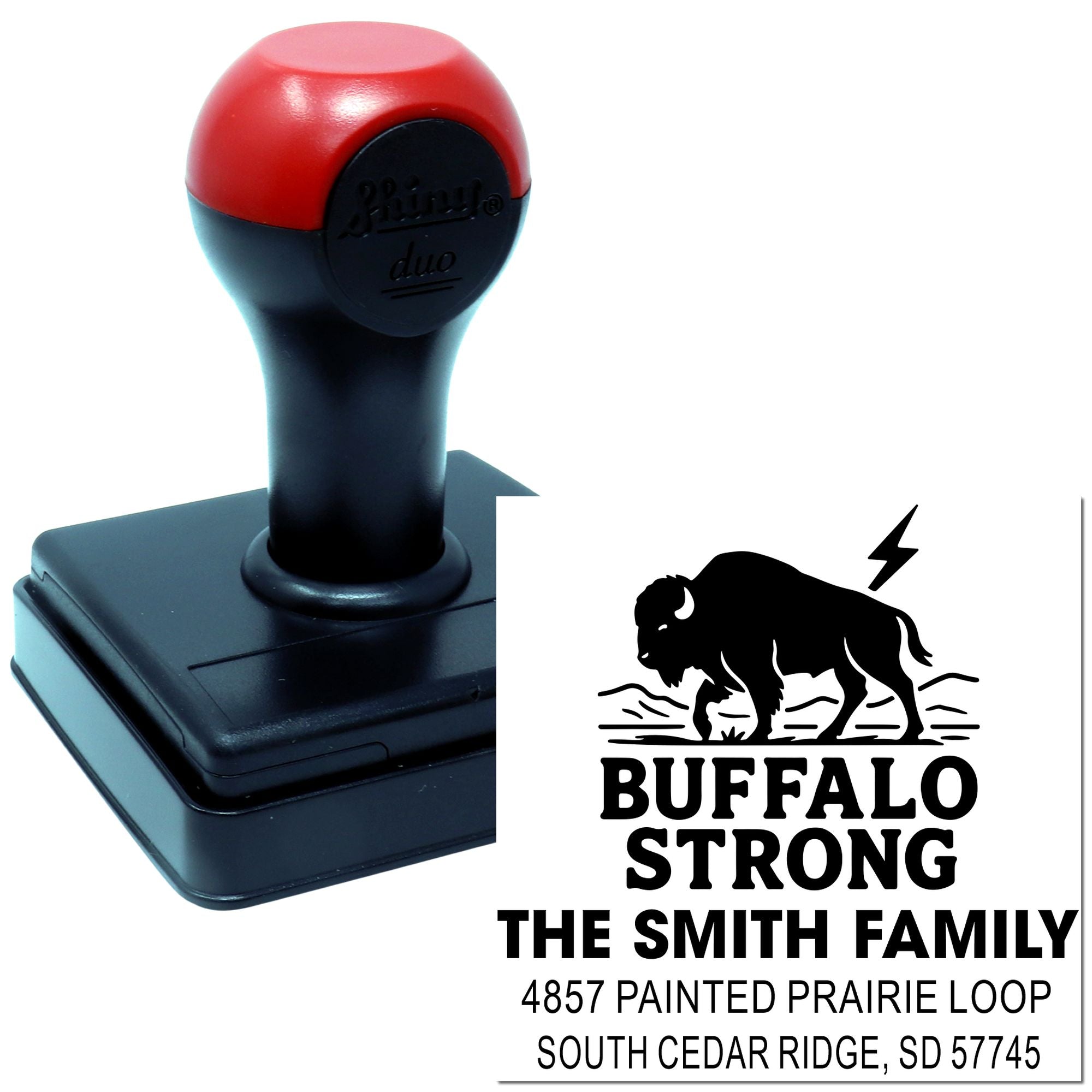 Personalized Buffalo Strong family address rubber stamp with buffalo logo, designed for self-inking mailing use.