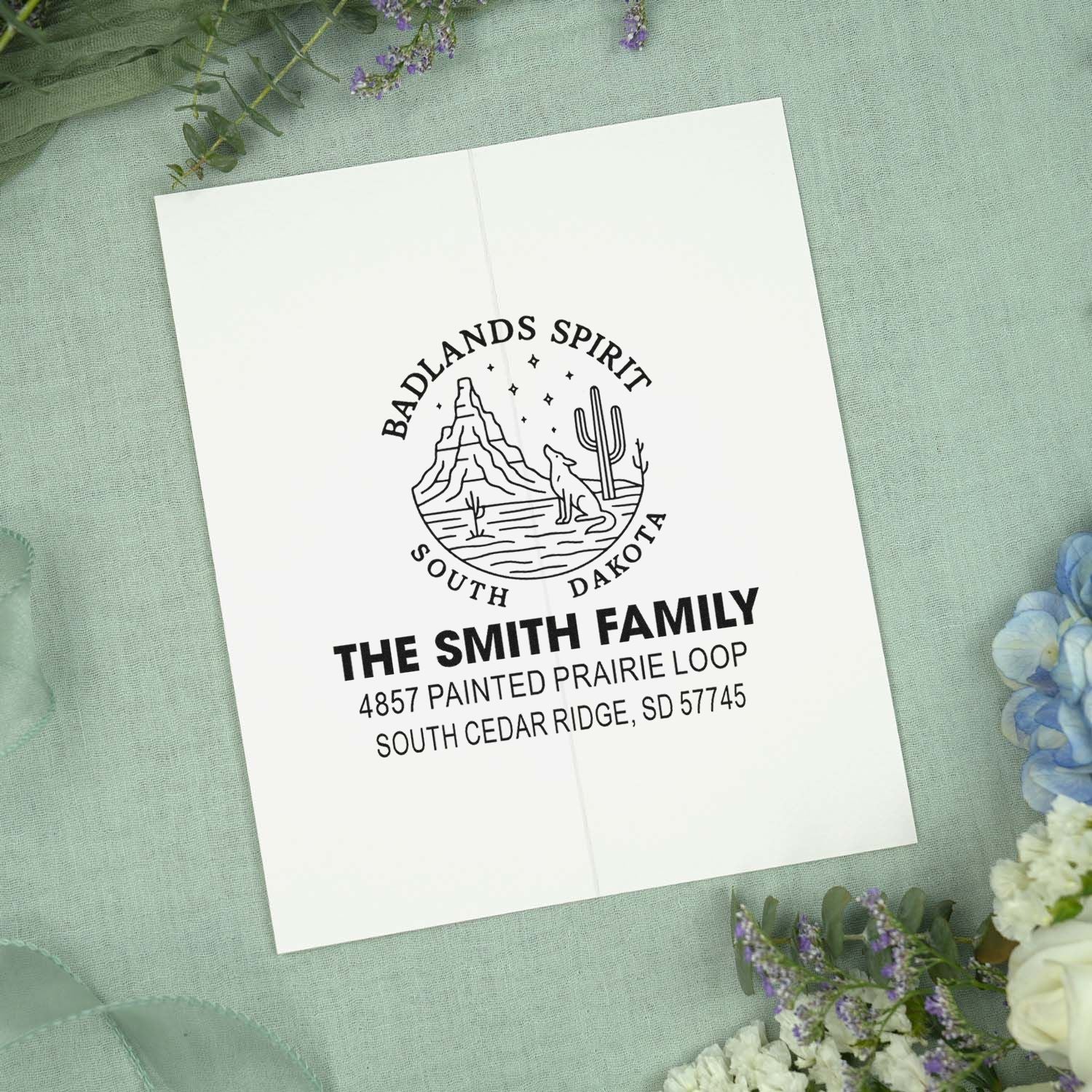 Custom return address rubber stamp with Badlands Spirit South Dakota design for The Smith Family