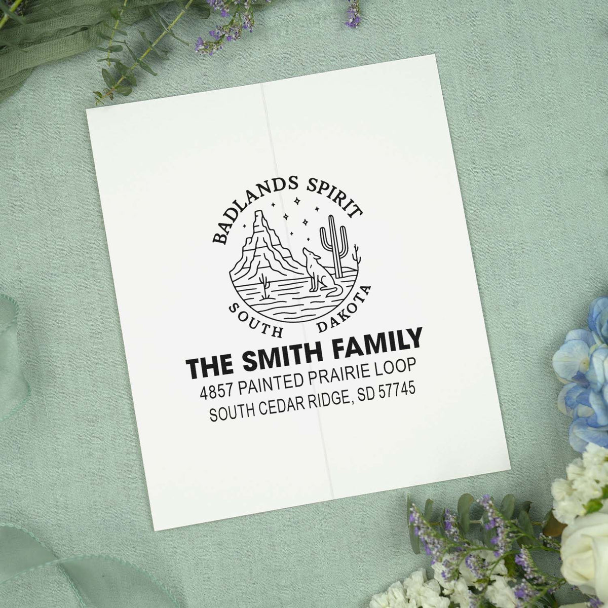 Personalized family return address rubber stamp with Badlands Spirit South Dakota design for envelopes and stationery.