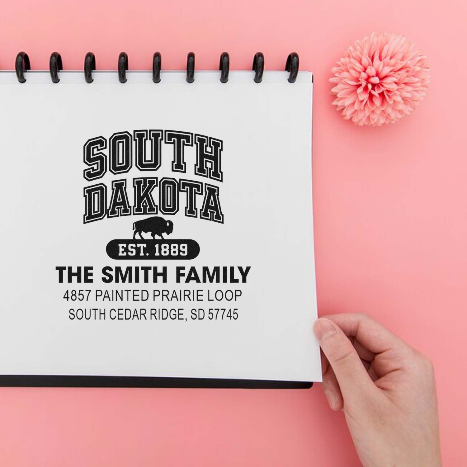 Custom South Dakota family address rubber stamp design with bison, established date, and personalized return address for stationery
