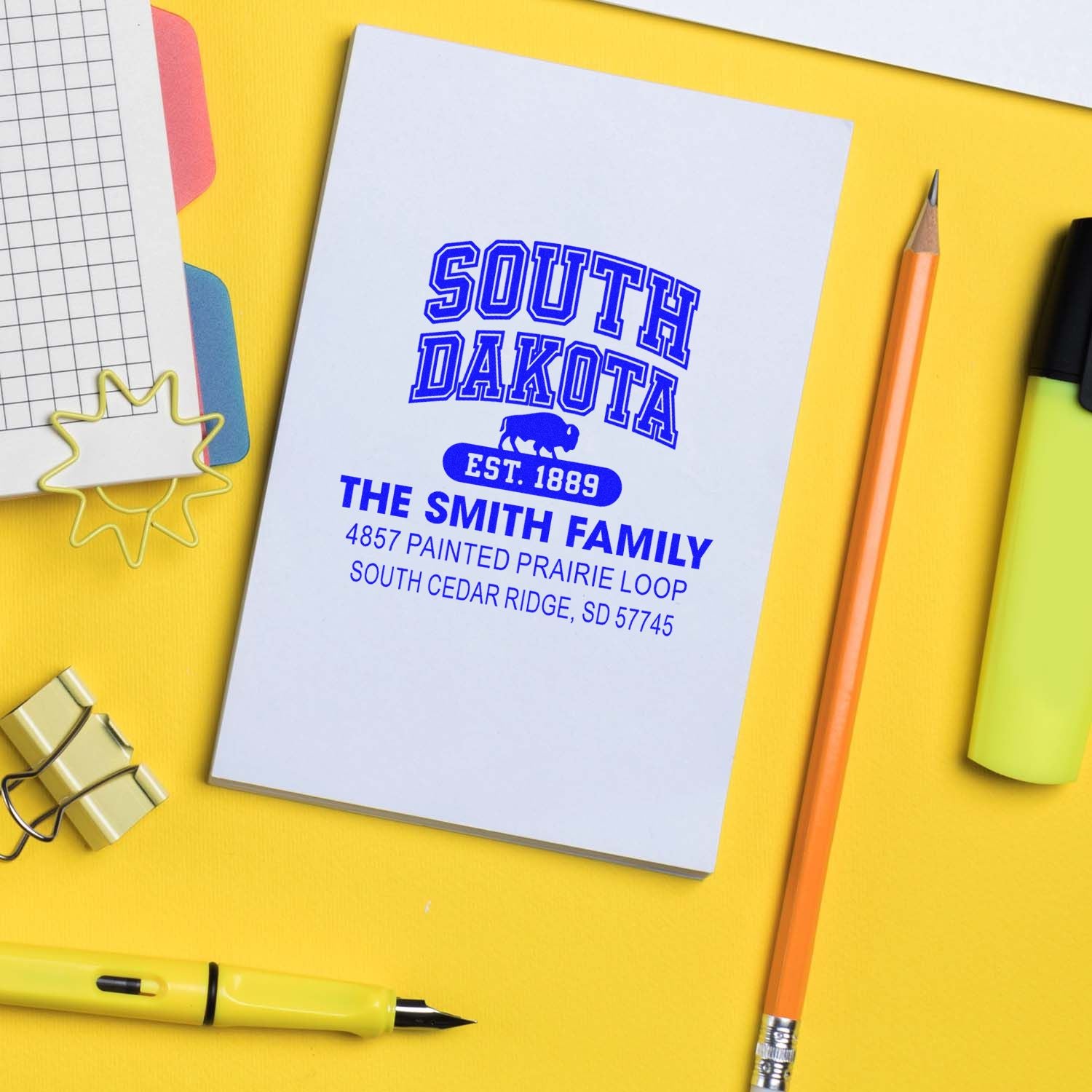 Custom address rubber stamp for The Smith Family, featuring South Dakota, bison, and established 1889 design.