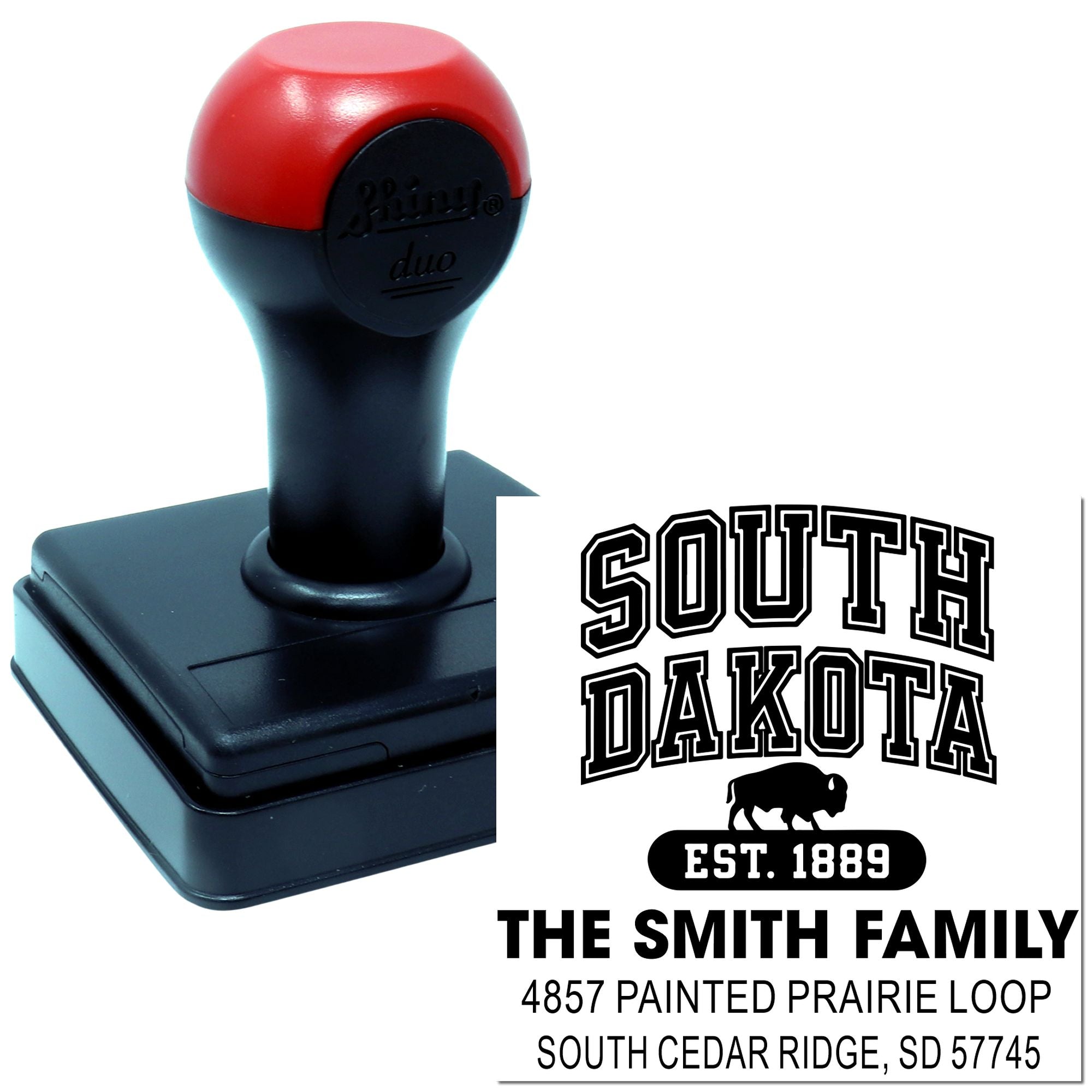 Custom self-inking rubber address stamp with South Dakota family imprint for personalized mailing and return addresses.