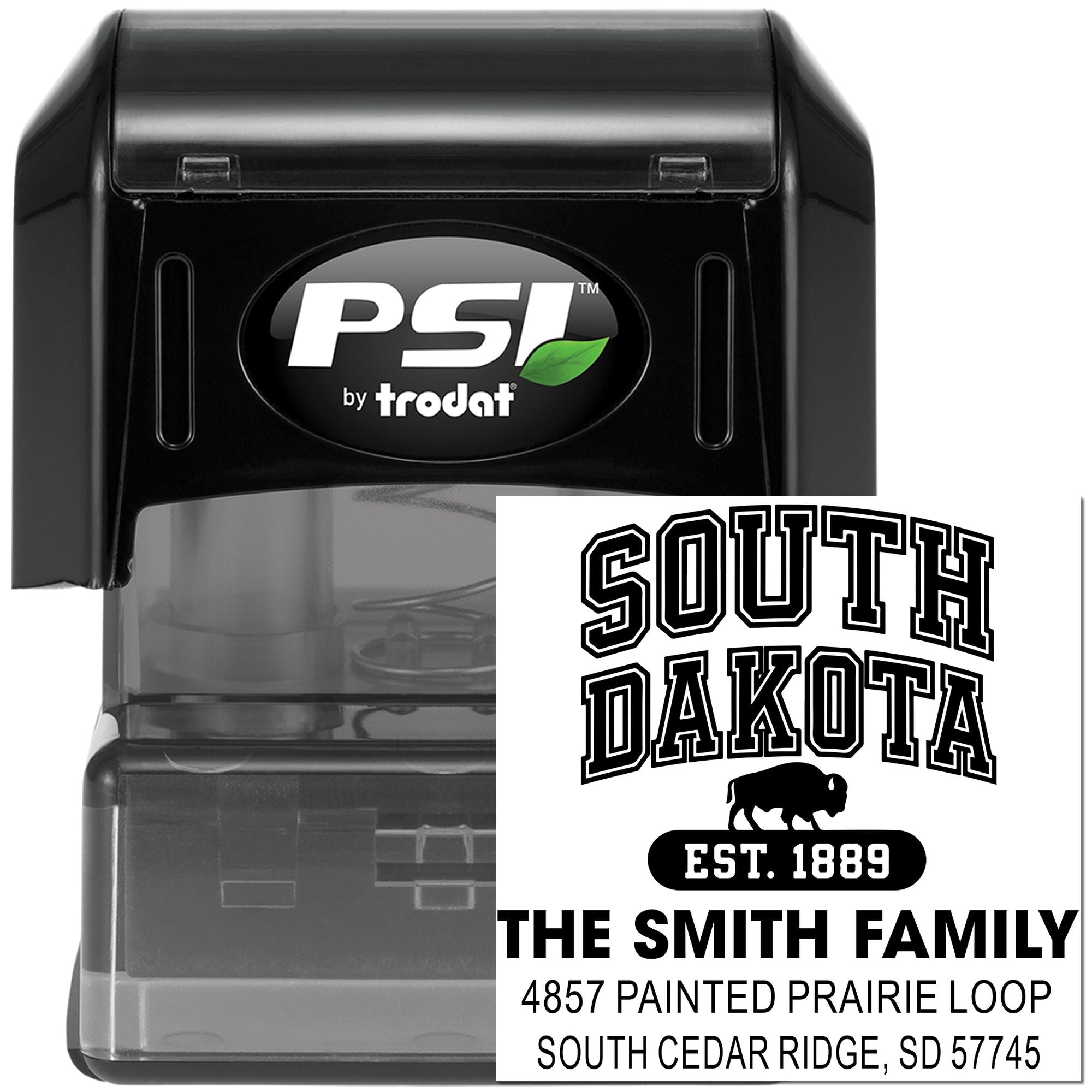 PSI by Trodat self-inking rubber stamp with custom South Dakota family address imprint for mailing and return addresses.