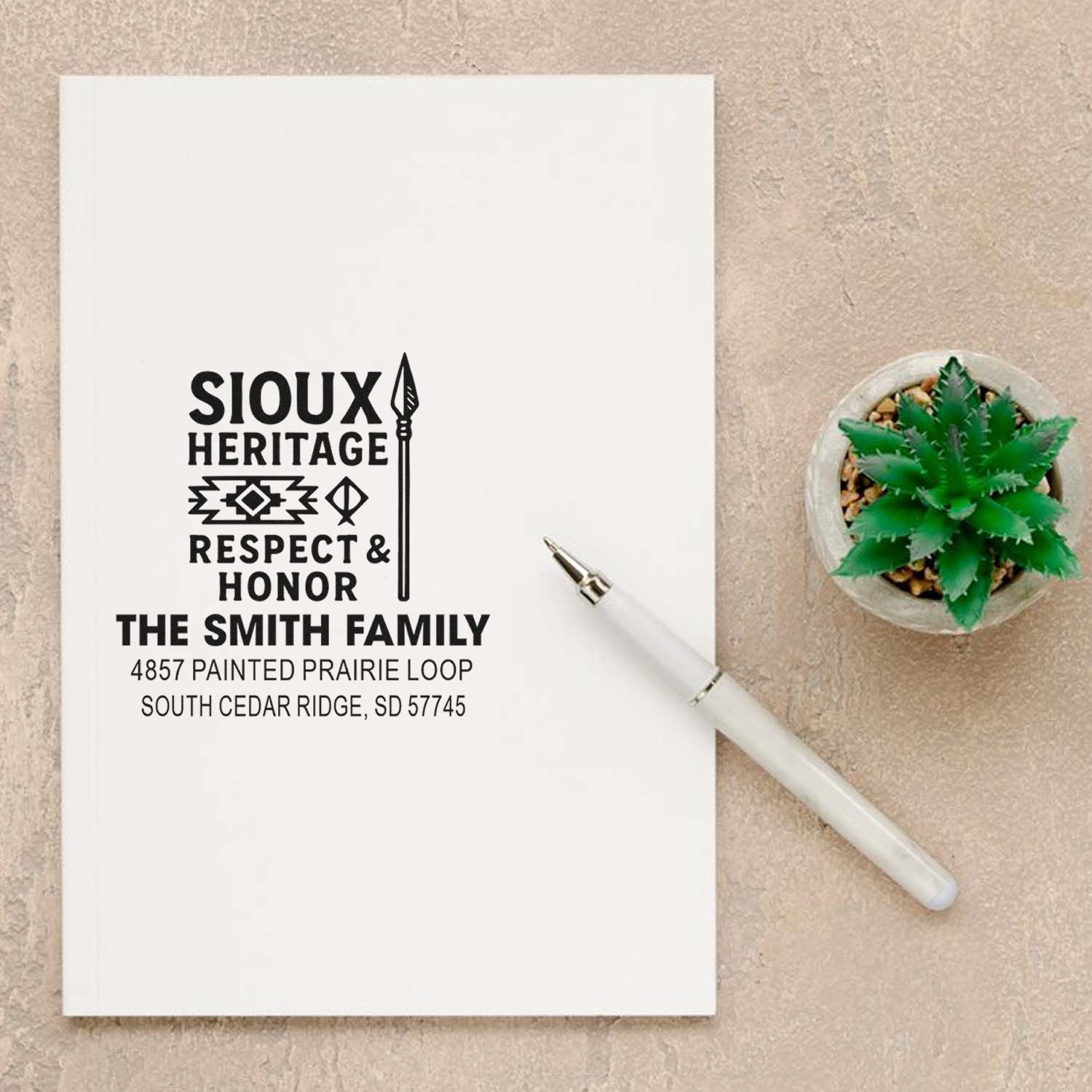 Custom Sioux Heritage return address rubber stamp with personalized Smith family name and address