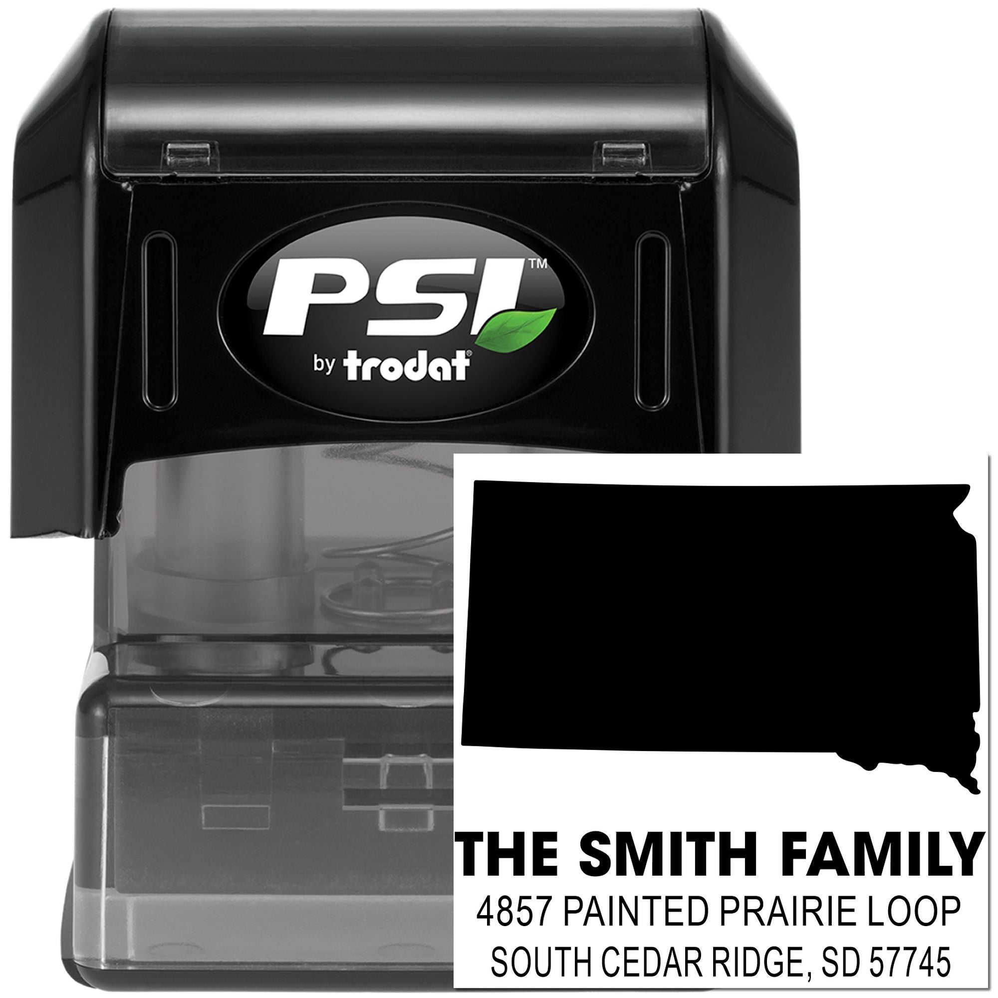 Custom self-inking address rubber stamp by PSI Trodat for the Smith family with South Cedar Ridge, SD mailing address.