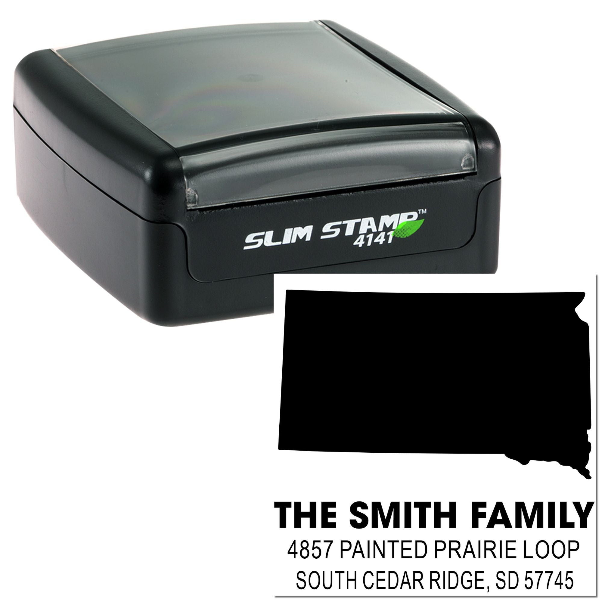Slim Stamp 4141 custom address rubber stamp for The Smith Family, South Cedar Ridge, SD, with return mailing design