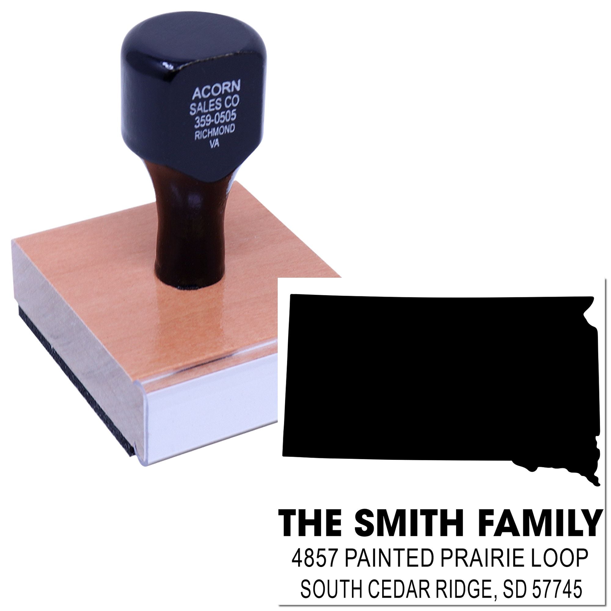 Custom South Dakota family address rubber stamp for personalized return address and mailing use.