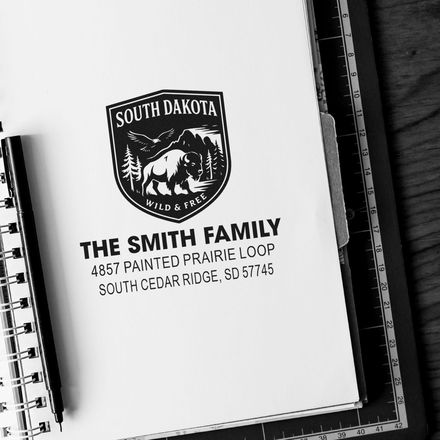 Custom South Dakota family address rubber stamp with bison shield design for mailing, stationery, and packaging.