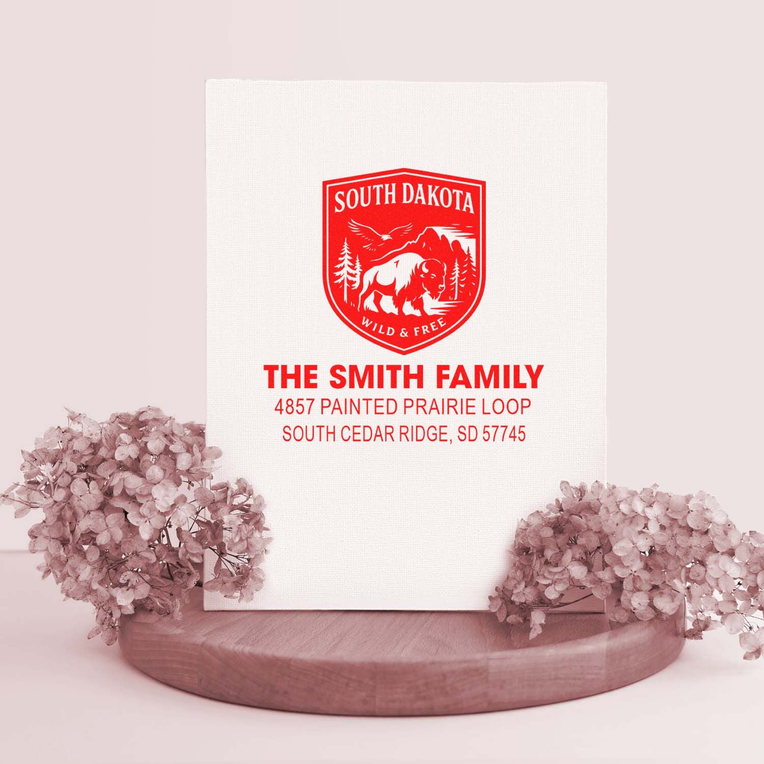 Custom South Dakota family return address rubber stamp with bison shield design for The Smith Family.