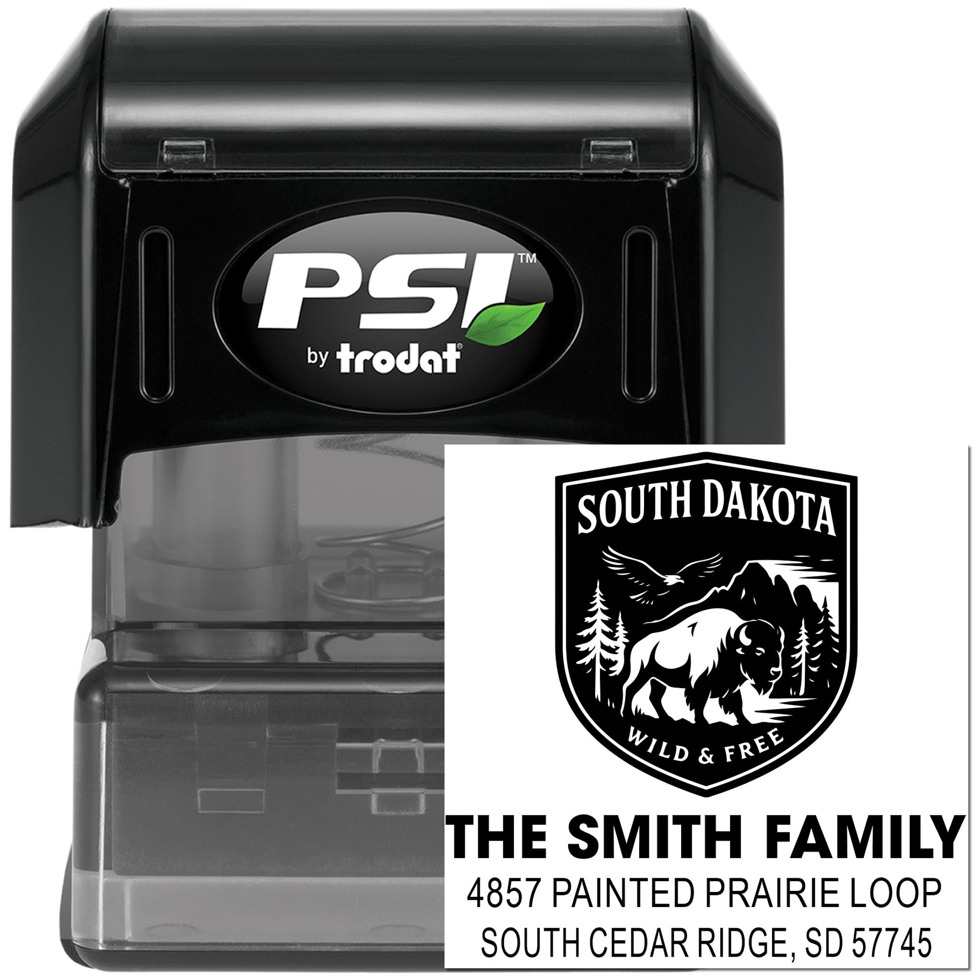 Personalized South Dakota return address rubber stamp with family name, wildlife logo and PSI by Trodat self-inking stamp