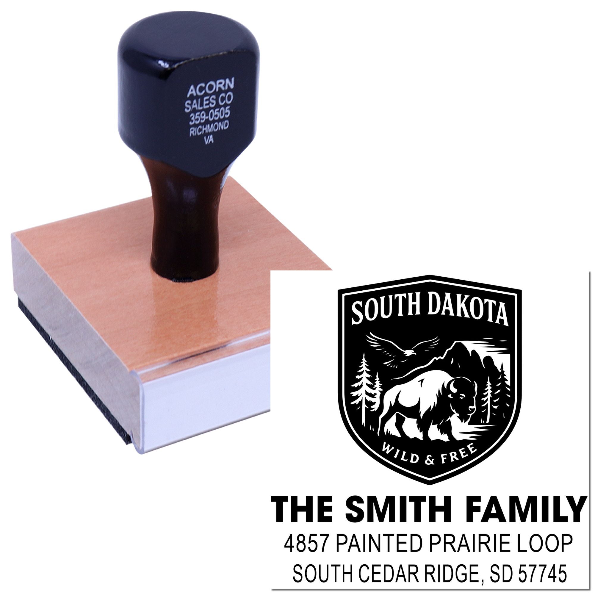 Custom South Dakota family return address rubber stamp with Wild & Free bison shield design