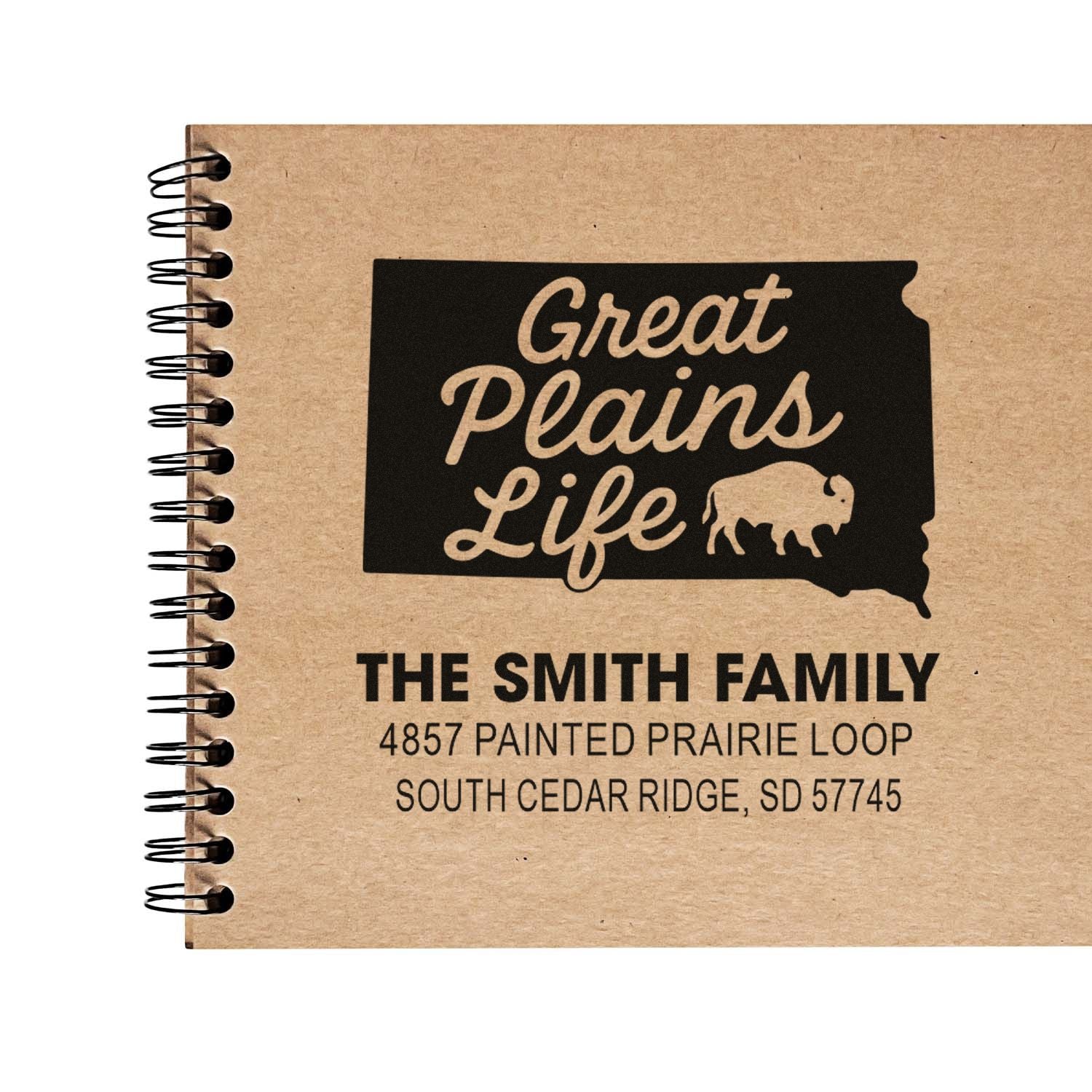 Custom Great Plains Life rubber stamp with South Dakota bison design and personalized family address for envelopes and stationery.