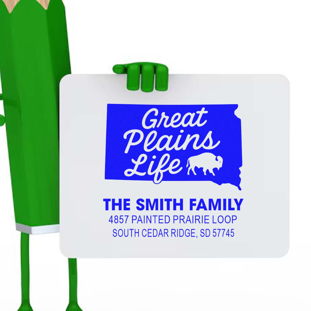 Custom Great Plains Life return address rubber stamp for The Smith Family, featuring South Dakota outline and bison.