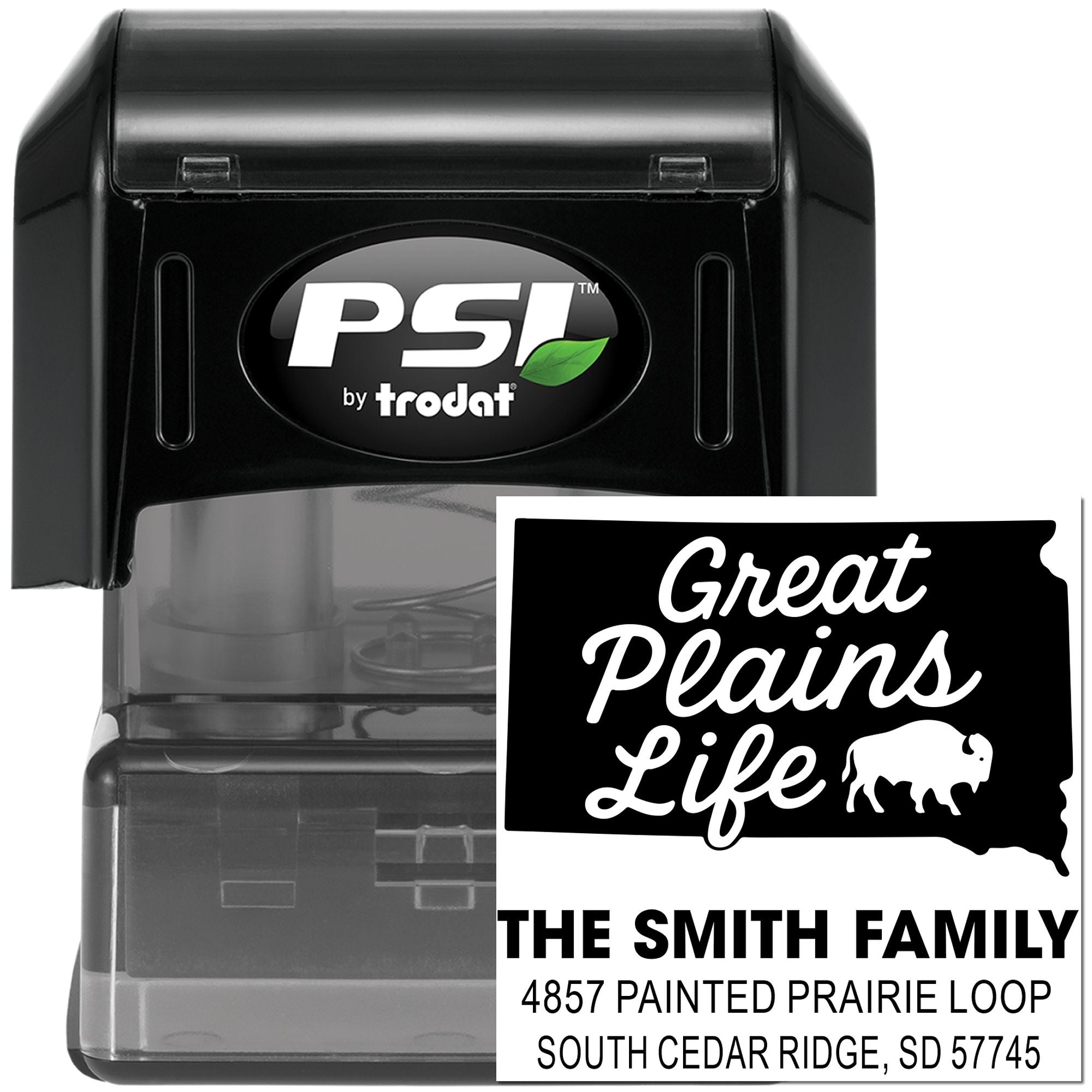 PSI by Trodat custom self-inking return address stamp with Great Plains Life design and The Smith Family address.
