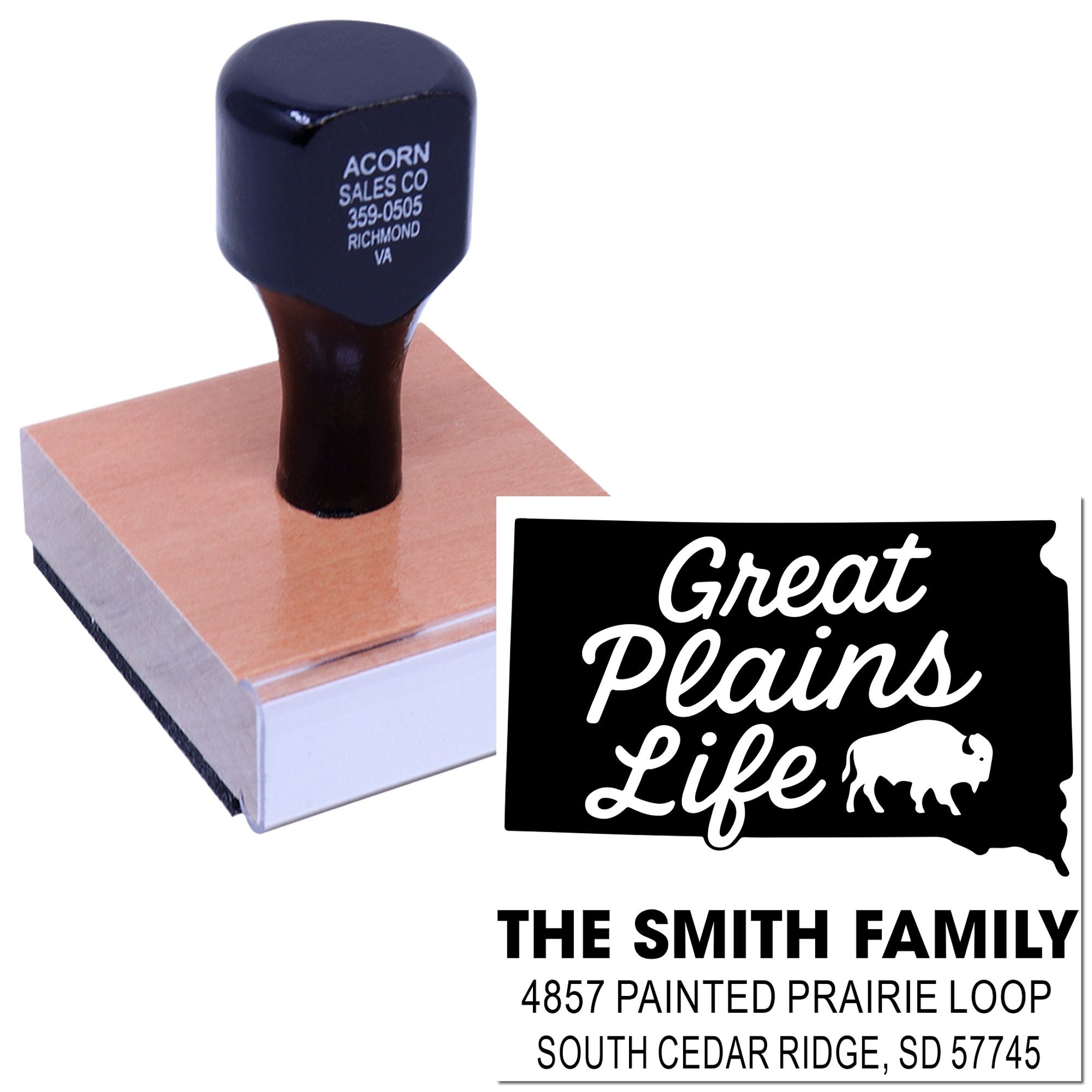 Custom rubber stamp with Great Plains Life design and family return address, ideal for personalized mailing and stationery.