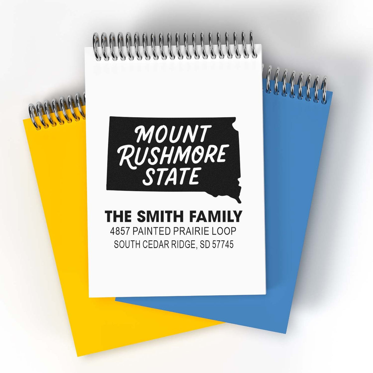 Custom South Dakota return address rubber stamp with Mount Rushmore State design for The Smith Family.