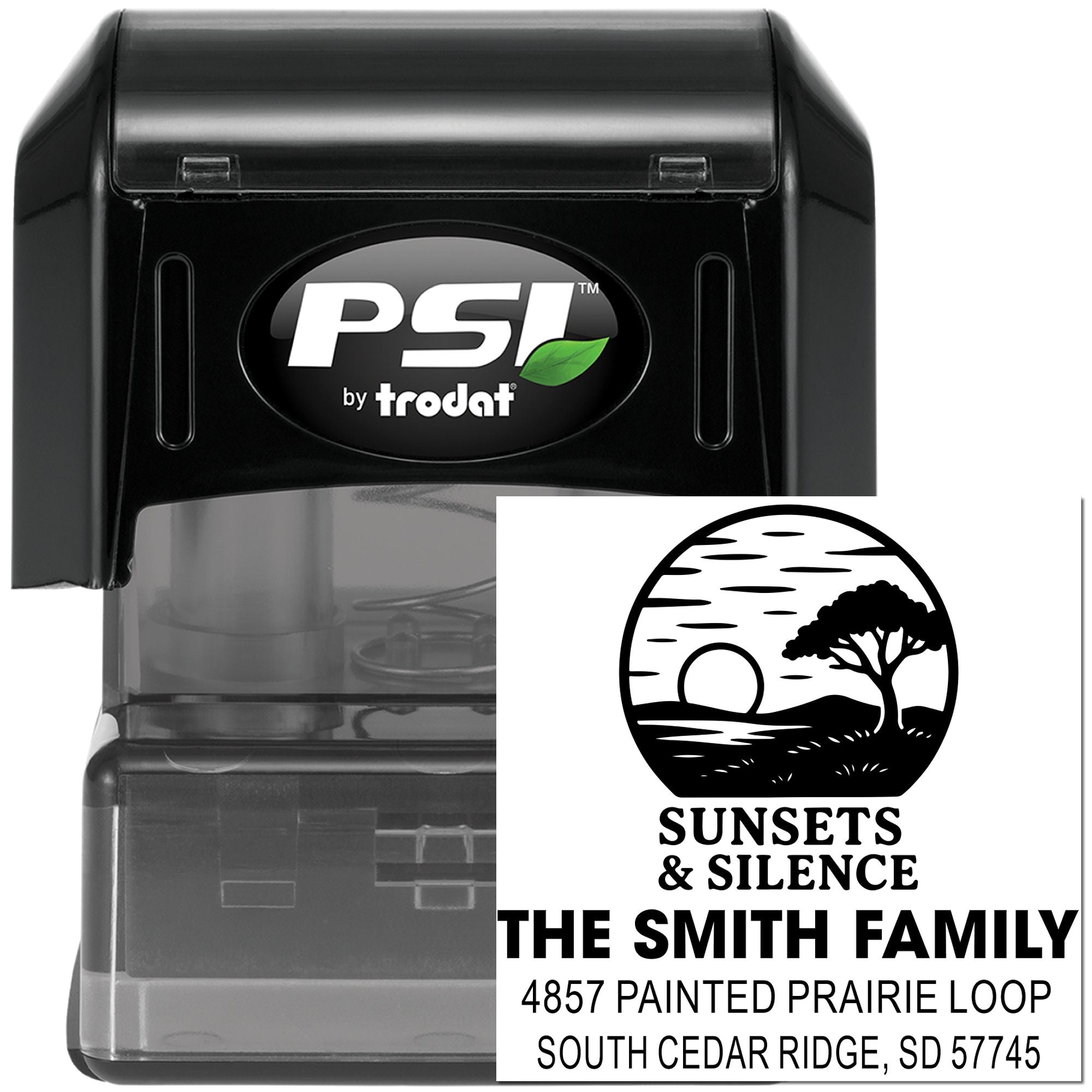 Custom self-inking address stamp by PSI by Trodat featuring family name, logo, and mailing address.