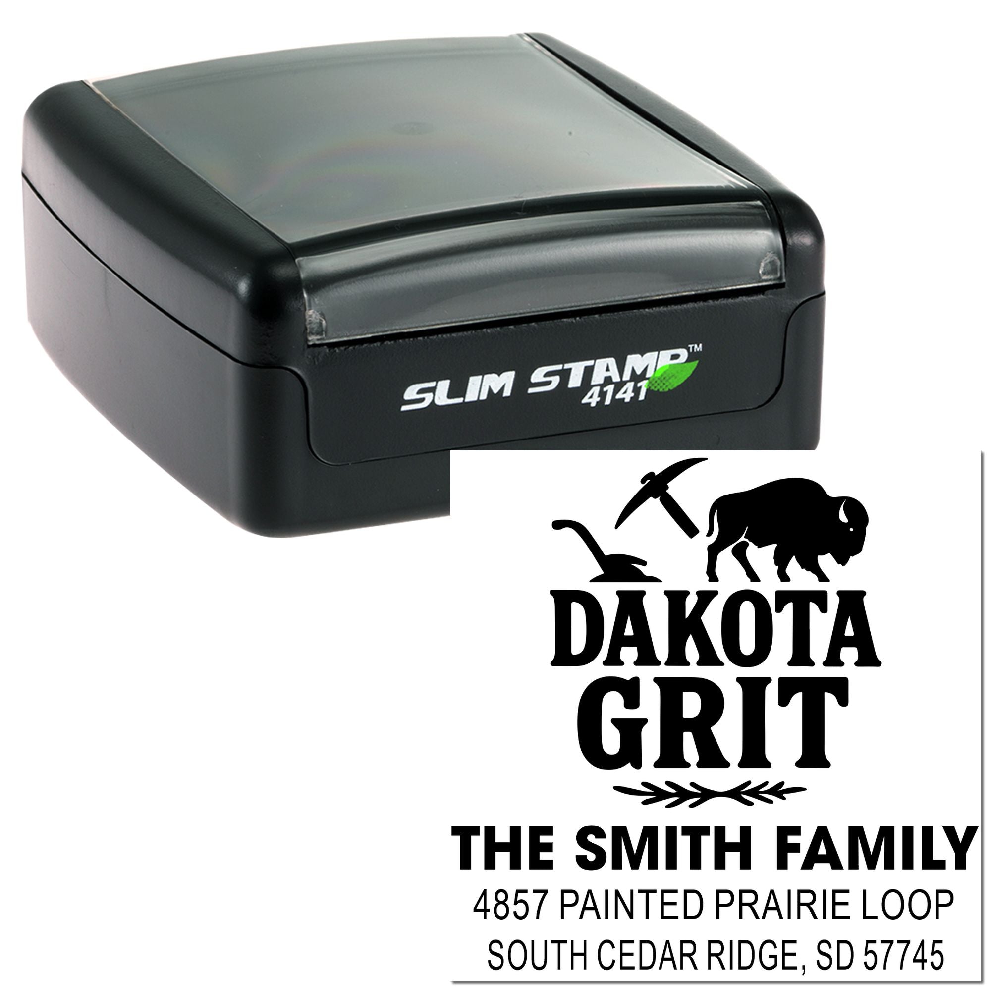 Custom self-inking rubber address stamp for The Smith Family with Dakota Grit logo and return address.