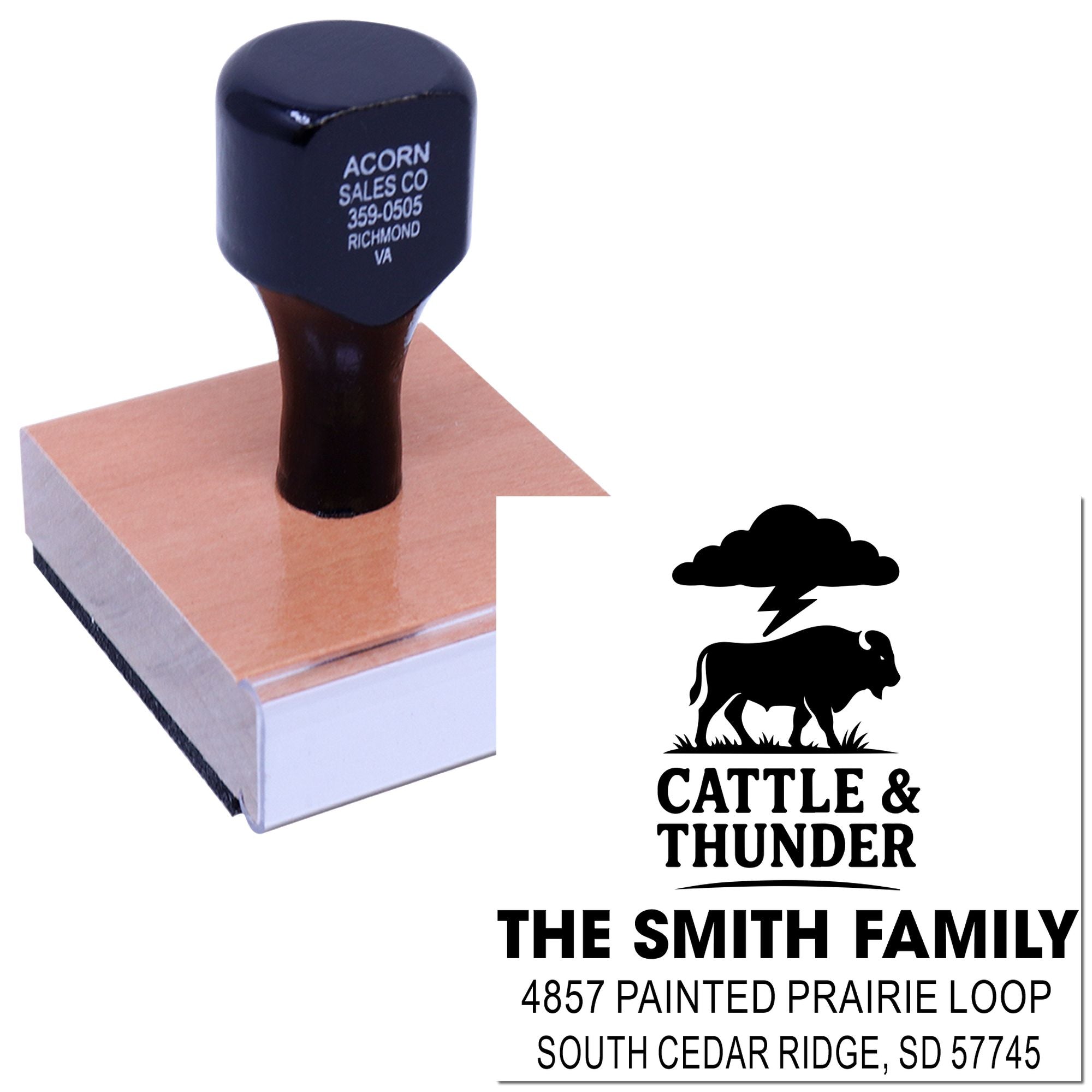 Custom cattle and thunder ranch address rubber stamp for The Smith Family, with logo and mailing address.