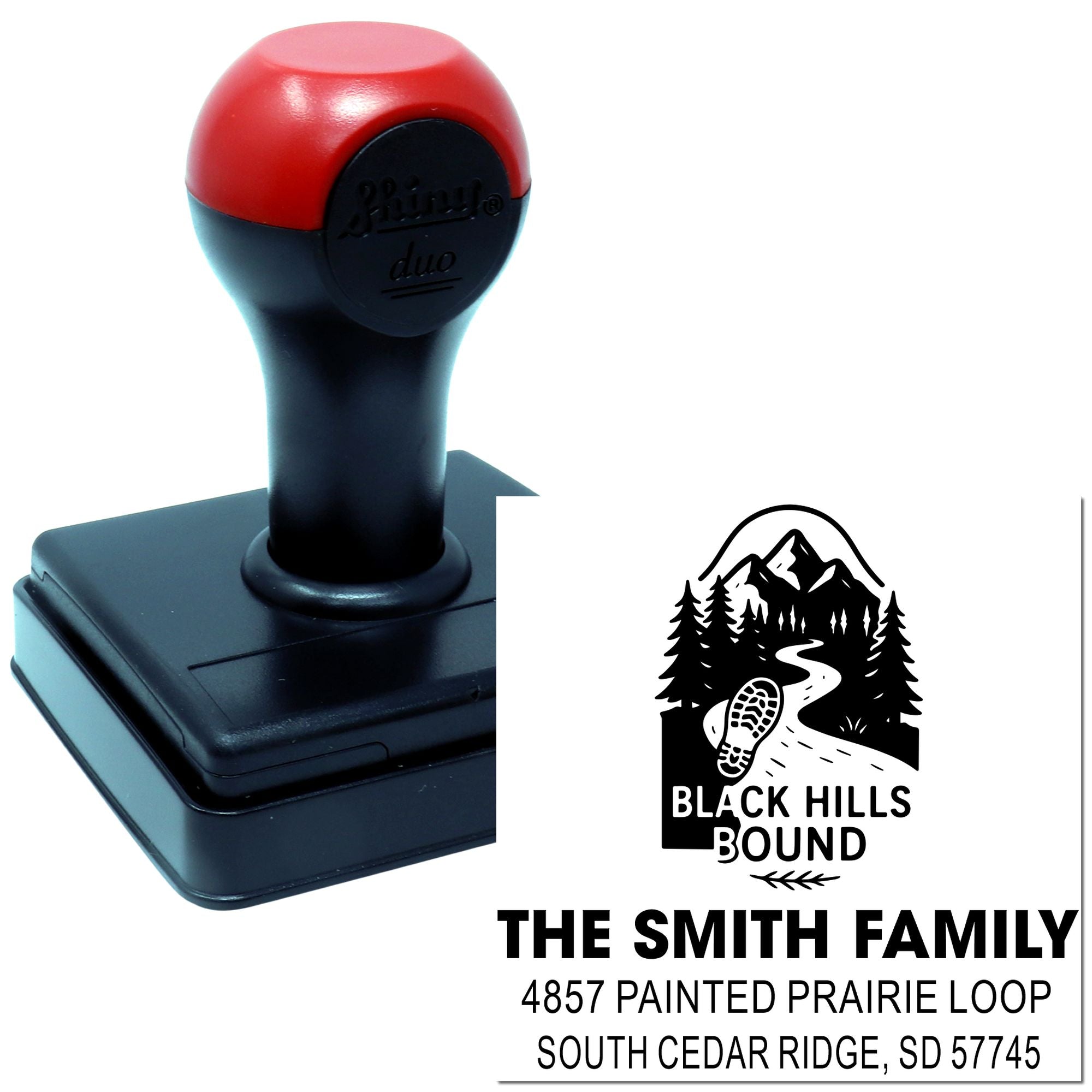 Custom self-inking address rubber stamp featuring Black Hills Bound design for The Smith Family.